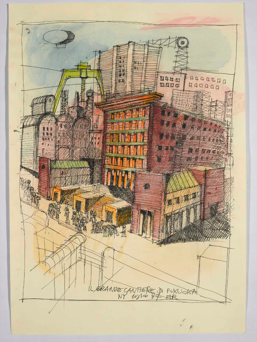 Die große Baustelle von Fukuoka, 1987, Aquarell und Tinte auf Offsetdruck, 42 x 29,5 cm, Privatsammlung.