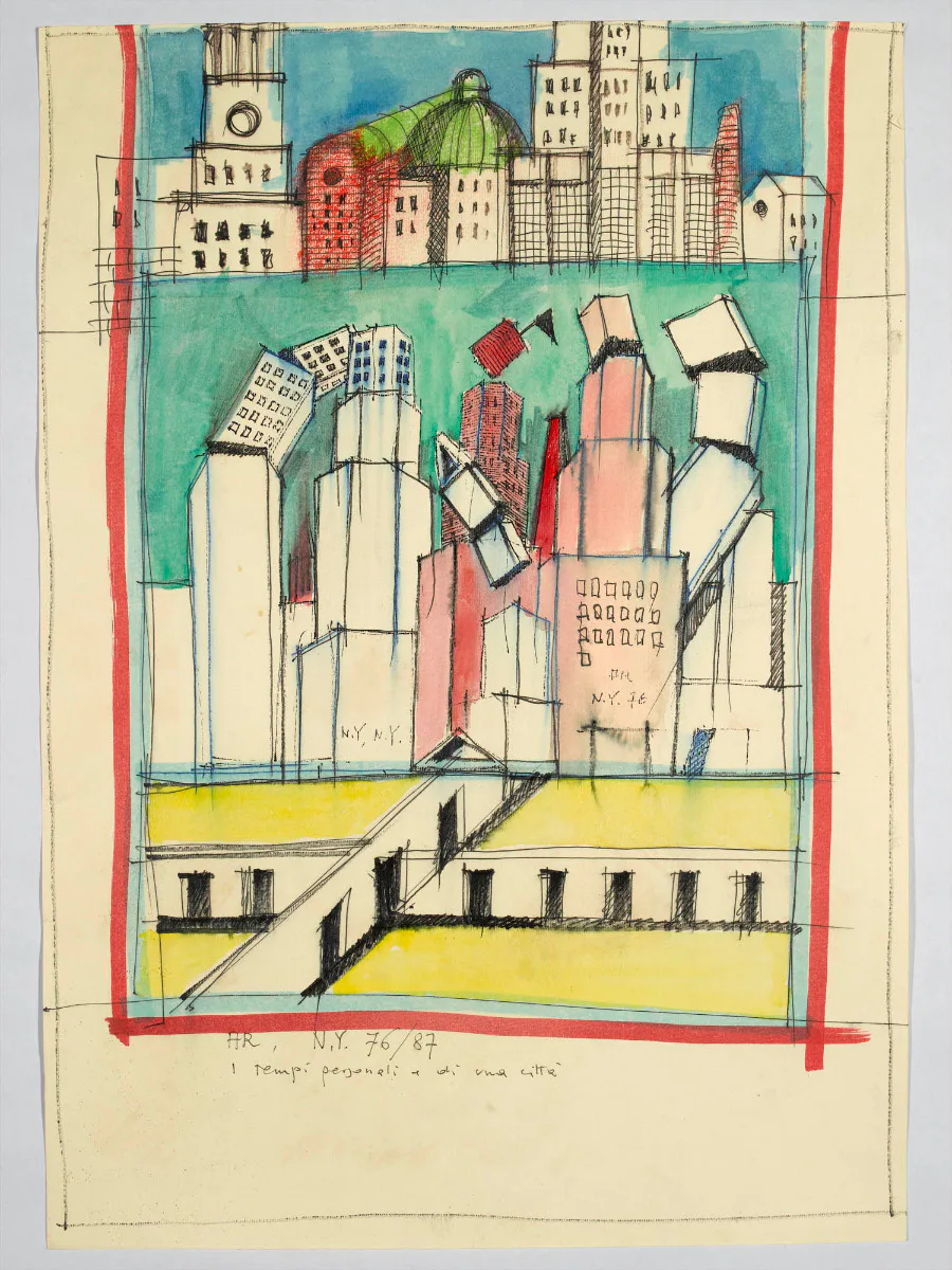 Die persönlichen Zeiten und die einer Stadt, 1987, Aquarell, Filzstift und Tempera auf Offsetdruck, 42 x 29,5 cm, Privatsammlung.