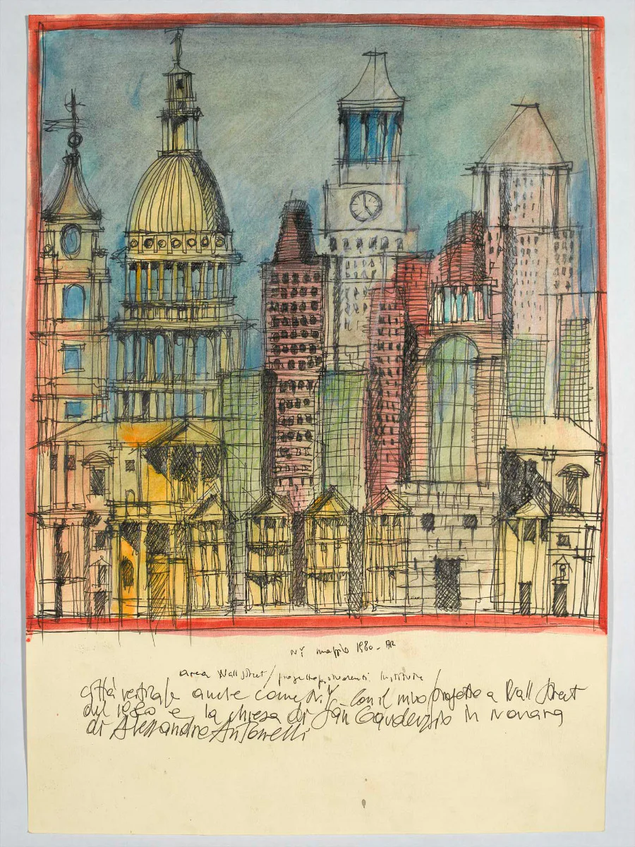 Vertikale Stadt auch wie N. Y. mit meinem Projekt an der Wall Street von 1980 und die Kirche San Gaudenzio in Novara von Alessandro Antonelli, 1987, Aquarell und Filzstift auf Offsetdruck, 42 x 29,5 cm, Privatsammlung.