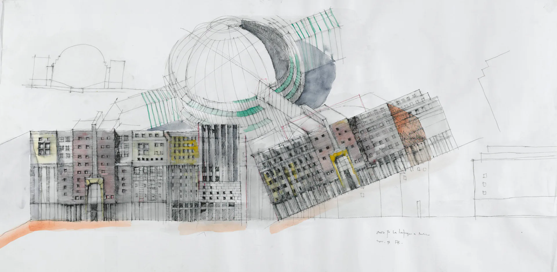 Studie für die Leipziger Str. in Berlin, 1995, Aquarell, Tinte und Filzstift auf Papier, 62 x 124,2 cm, Privatsammlung.