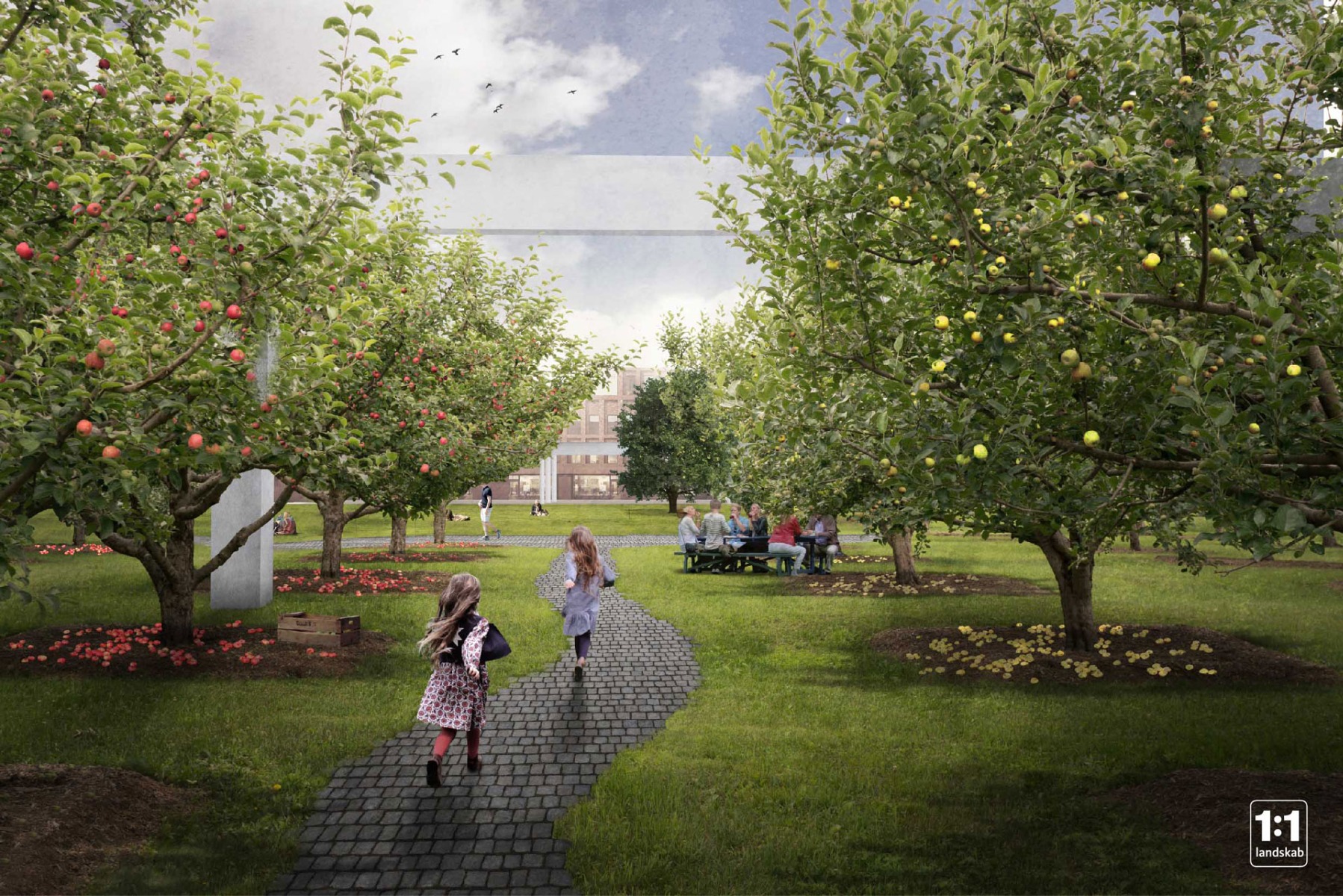 Obstbäume im Park statt parkende Autos