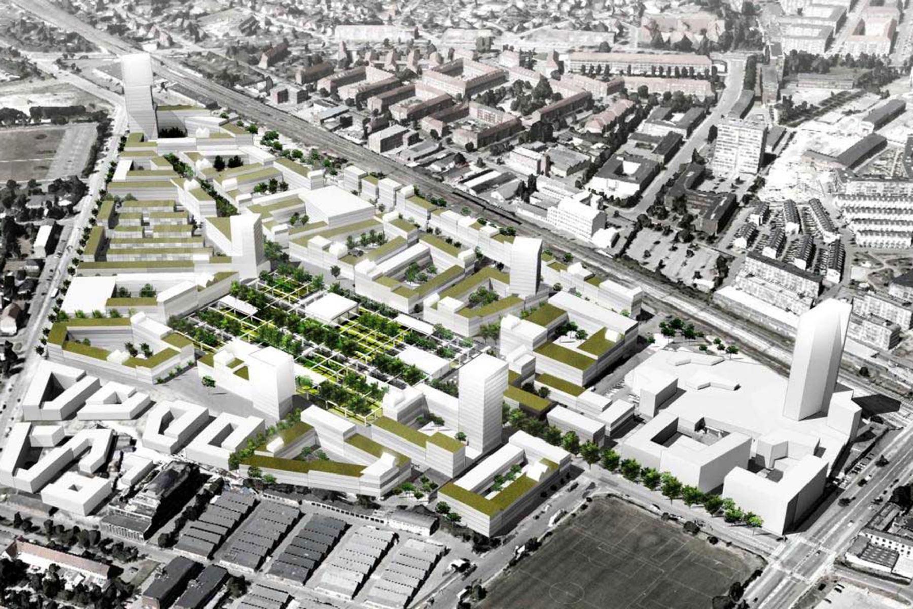 Zum nachhaltigen und gesunden Wohnumfeld gehört in allererster Linie grüne Gebäudearchitektur und die Parklandschaft direkt vor der Haustüre.