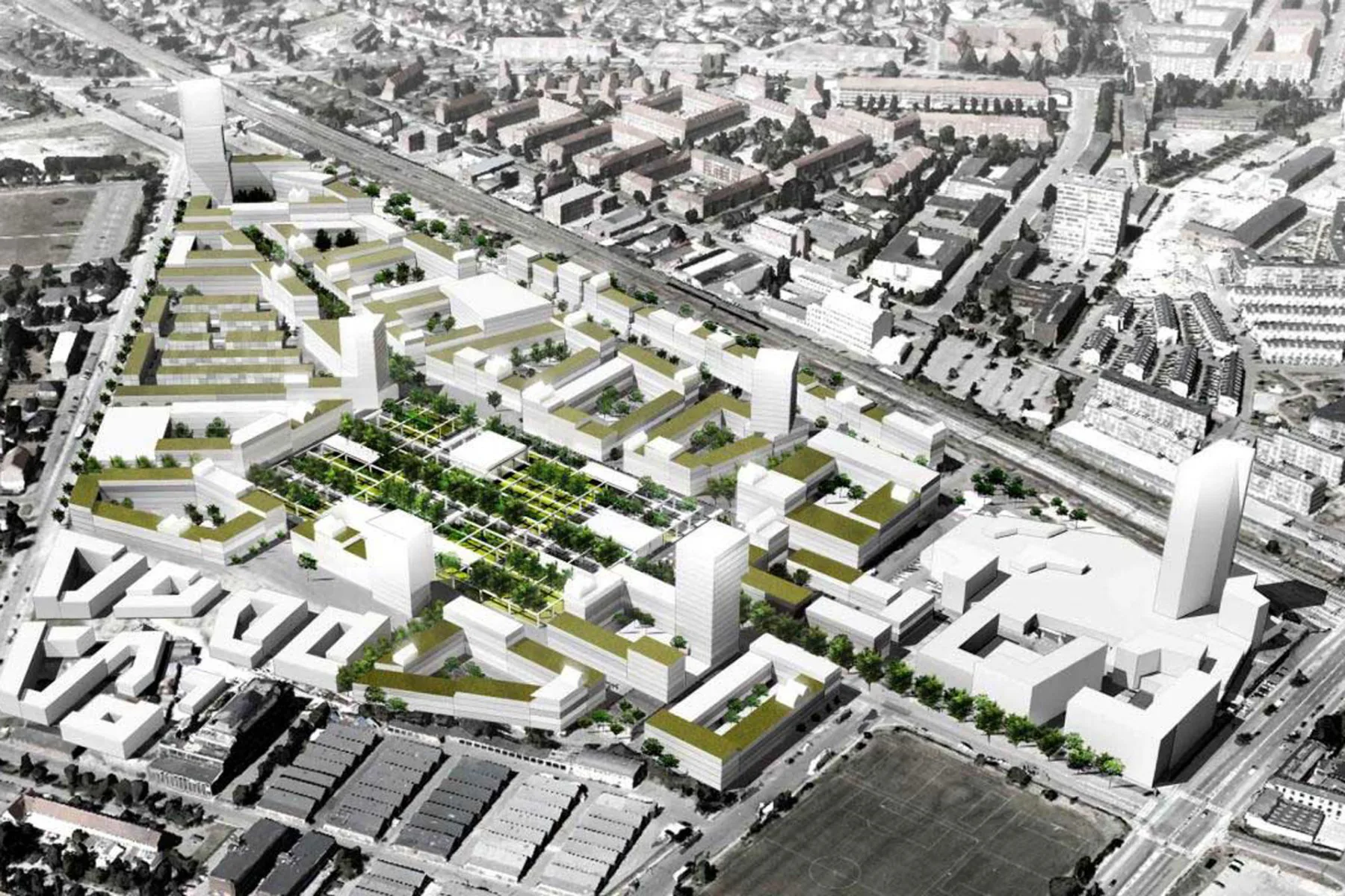Zum nachhaltigen und gesunden Wohnumfeld gehört in allererster Linie grüne Gebäudearchitektur und die Parklandschaft direkt vor der Haustüre.