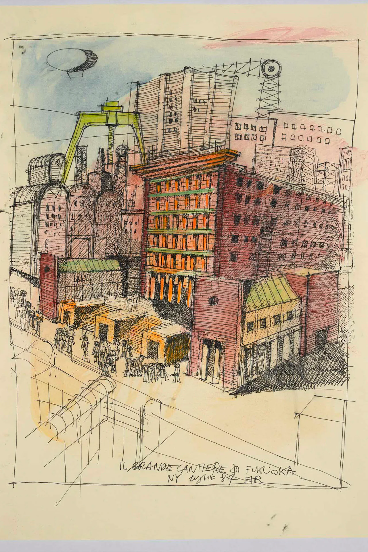 Die große Baustelle von Fukuoka, 1987, Aquarell und Tinte auf Offsetdruck, 42 x 29,5 cm, Privatsammlung.