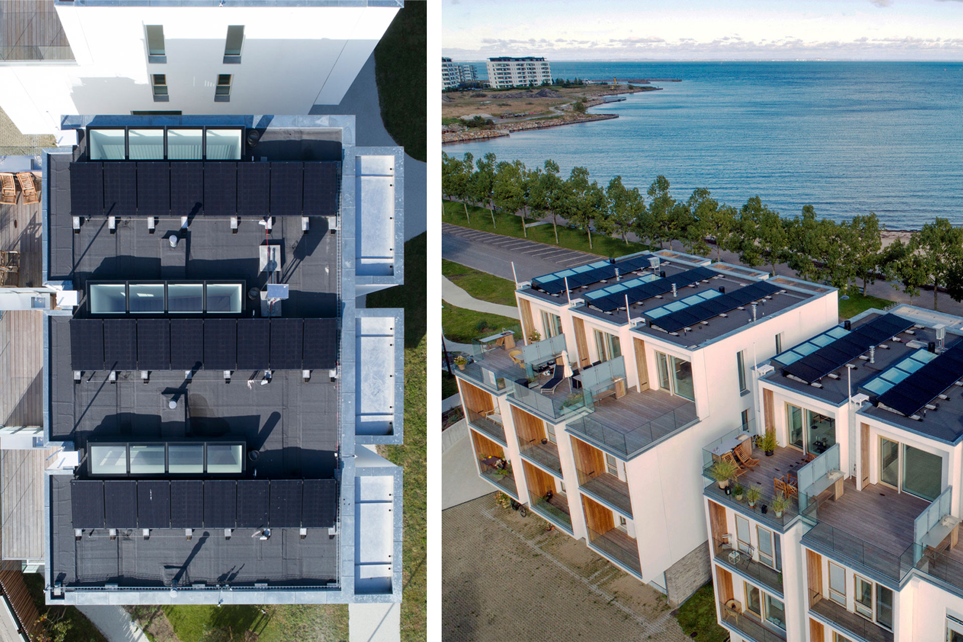 Linearlights des Systems Velux Modular Rooflights belichten als Lichtbänder eine moderne Wohnhausanlage im dänischen Østerbro.