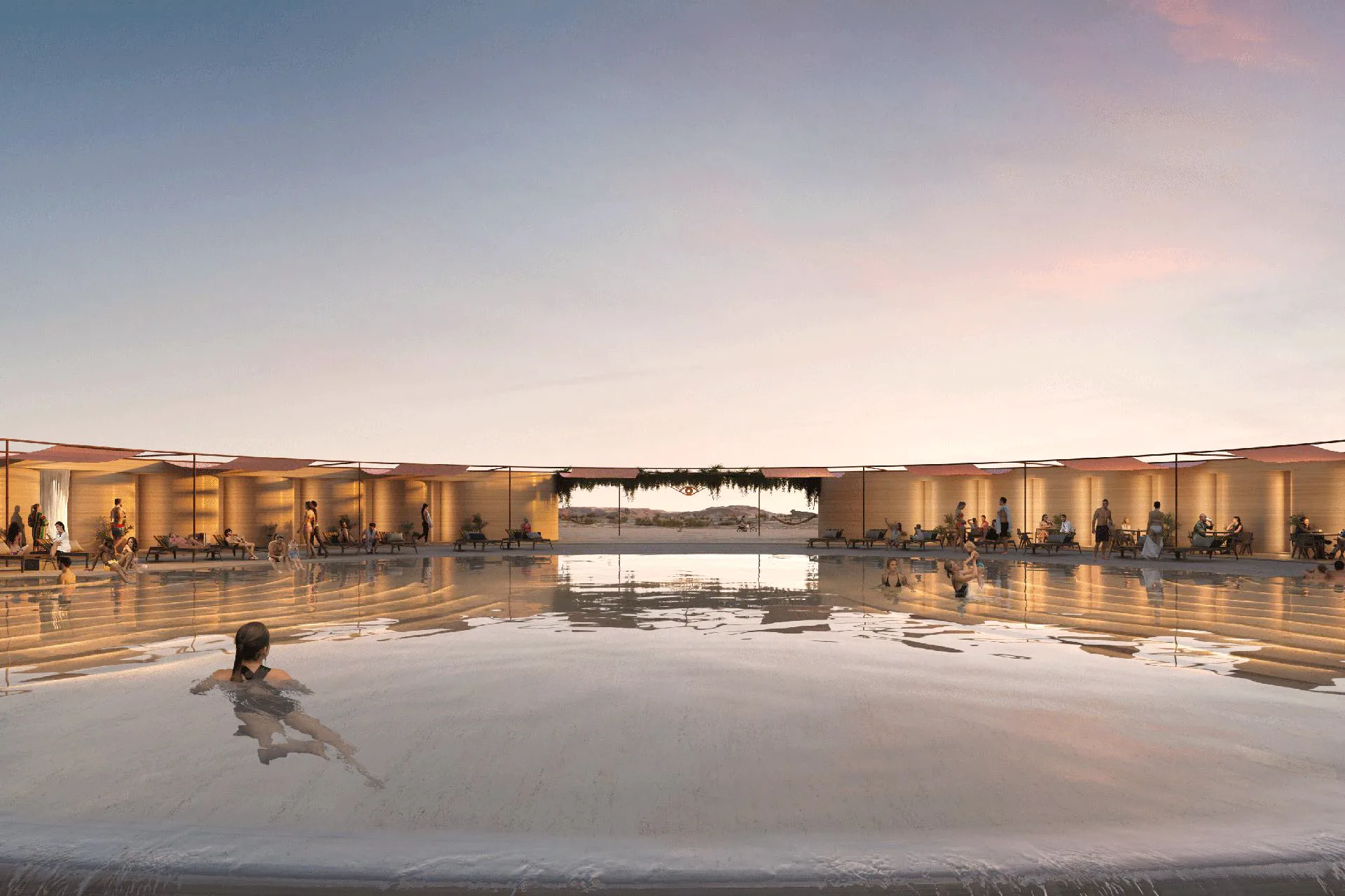 3D-gedruckte Rundbauten umsiedeln einen großen Infinity-Pool. Visualisierung