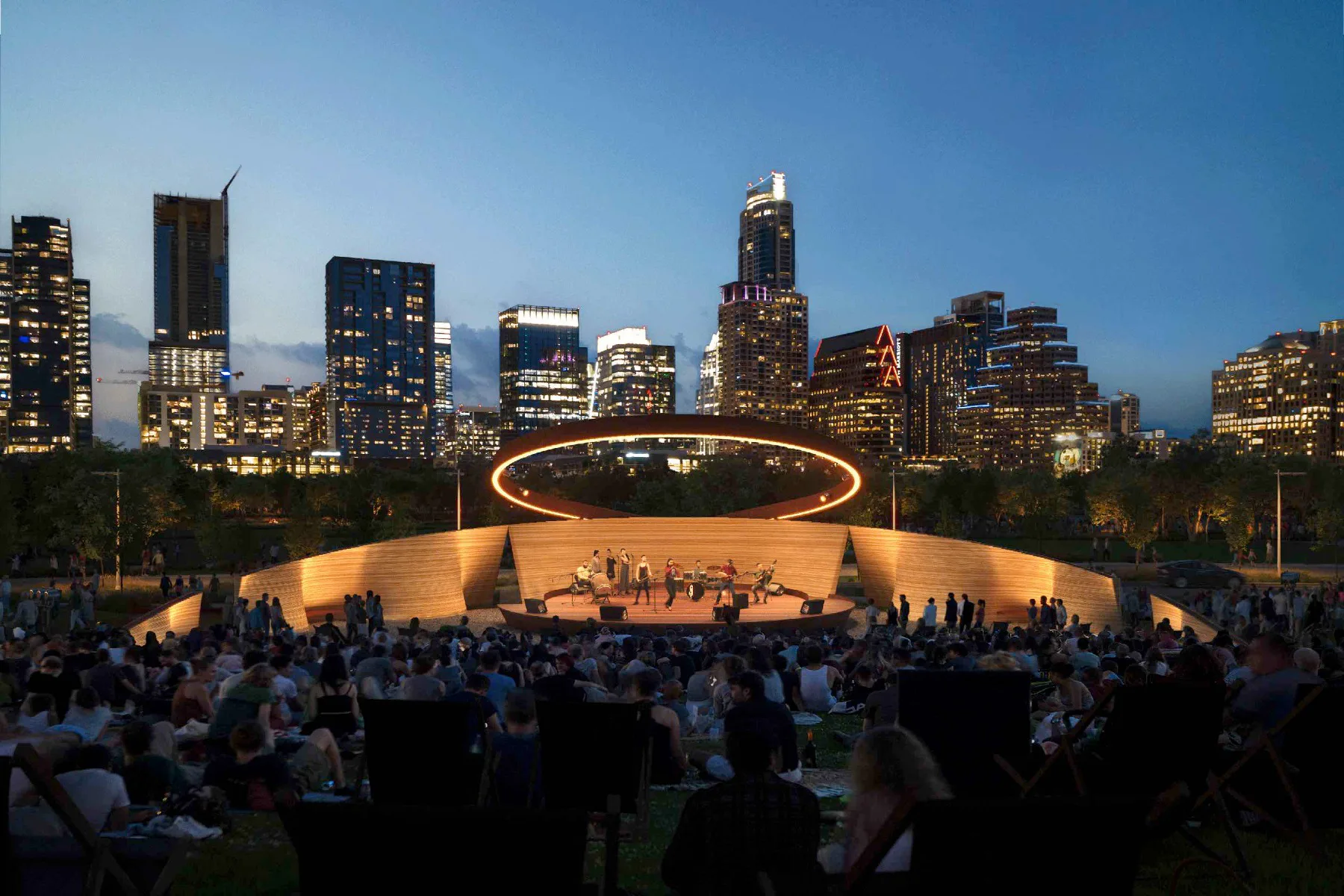 Performance-Pavillon im texanischen Austin bei Nacht