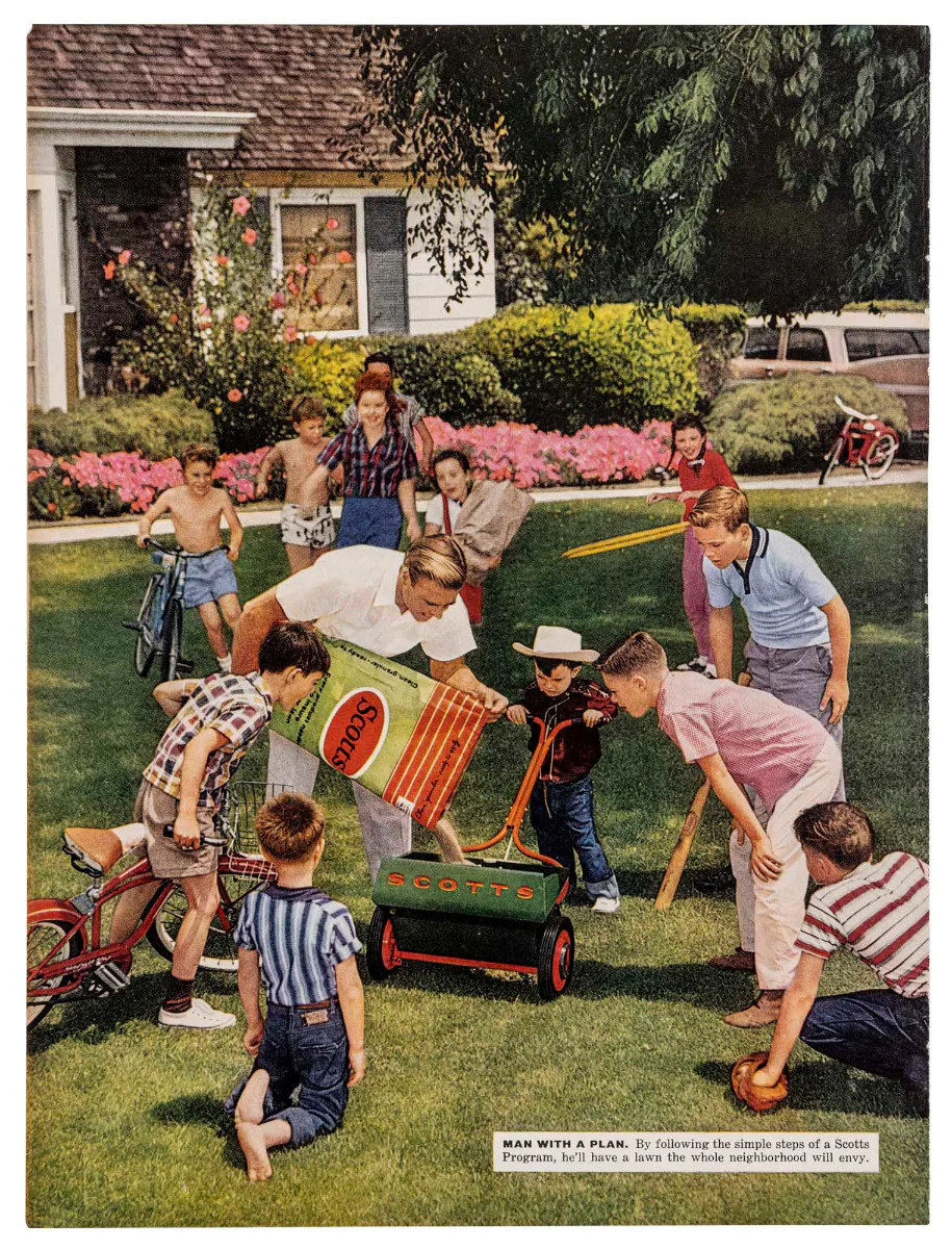 Anzeige von O. M. Scott & Sons für ein Produkt zur Rasenpflege, aus: Life, 31. August 1959