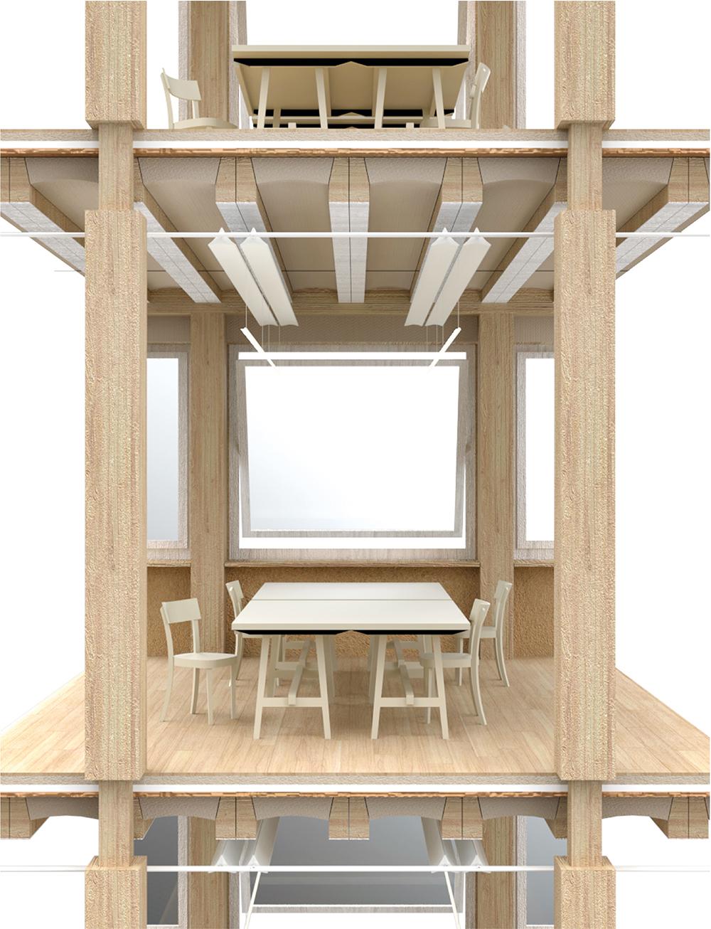 Visualisierung des Konstruktionssystems aus Holz-Lehm Deckenmodulen und Stabschichtholzstützen.