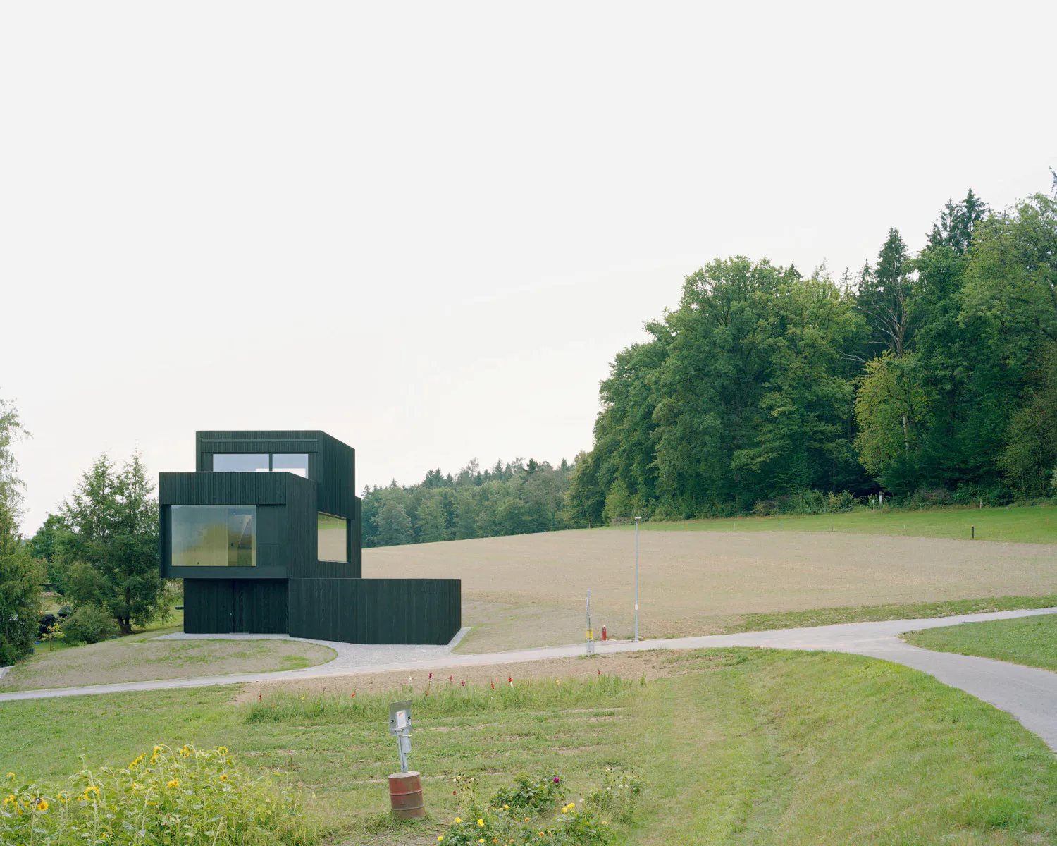 Das Einfamilienhaus aus Holz liegt am Stadtrand von Aarau ziwschen Wald und Feldern.