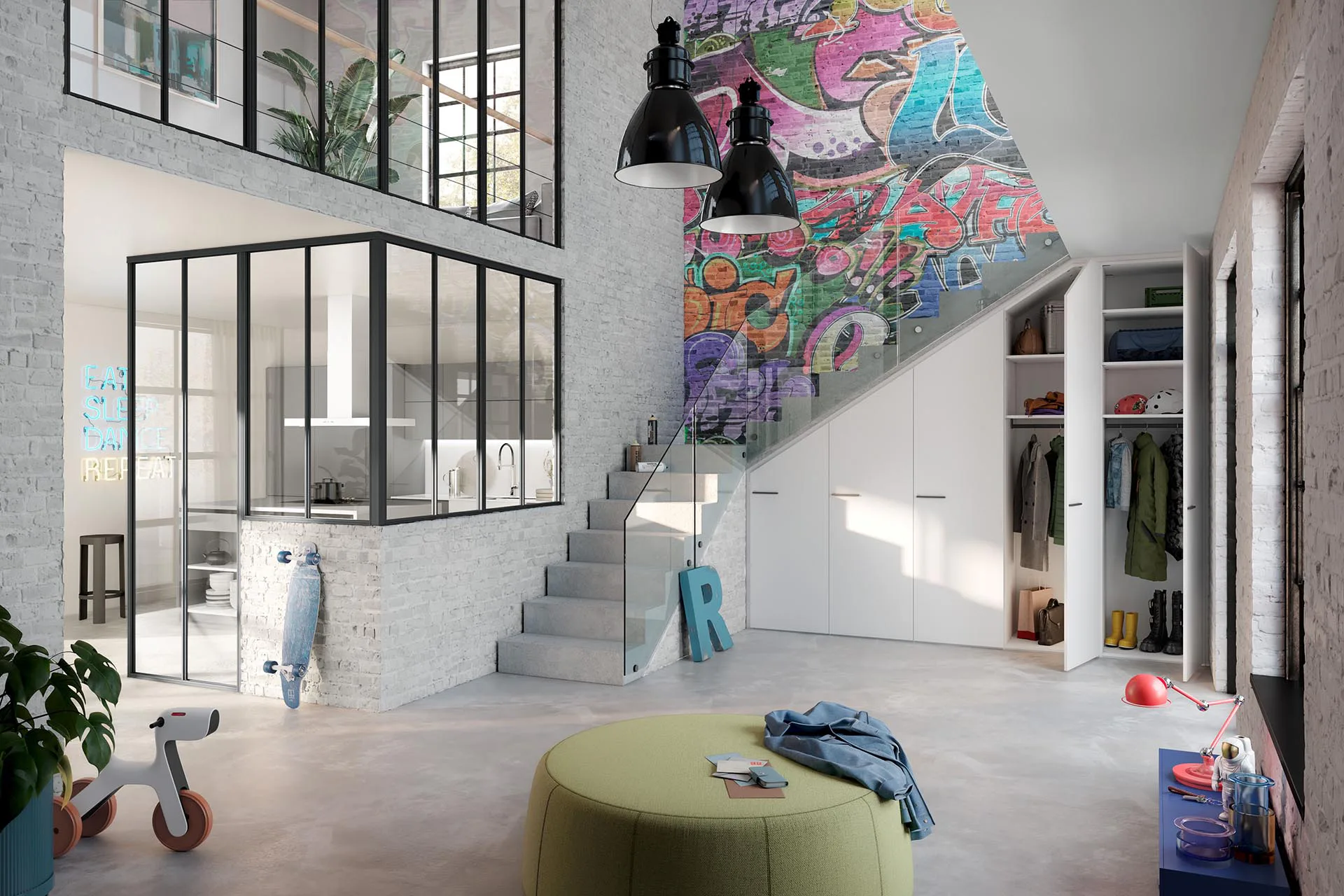 raumplus Trennwandsystem Verrière + Stauraum unter der Treppe.