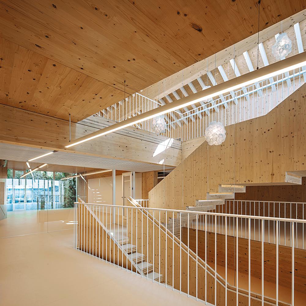 Im zweiten Obergeschoss flankieren verglaste Seminar- und Konferenzräume die offene Treppenhalle. Sitzstufen und Wände aus Sichtbeton bilden einen massiven Sockel für den Holzbau.