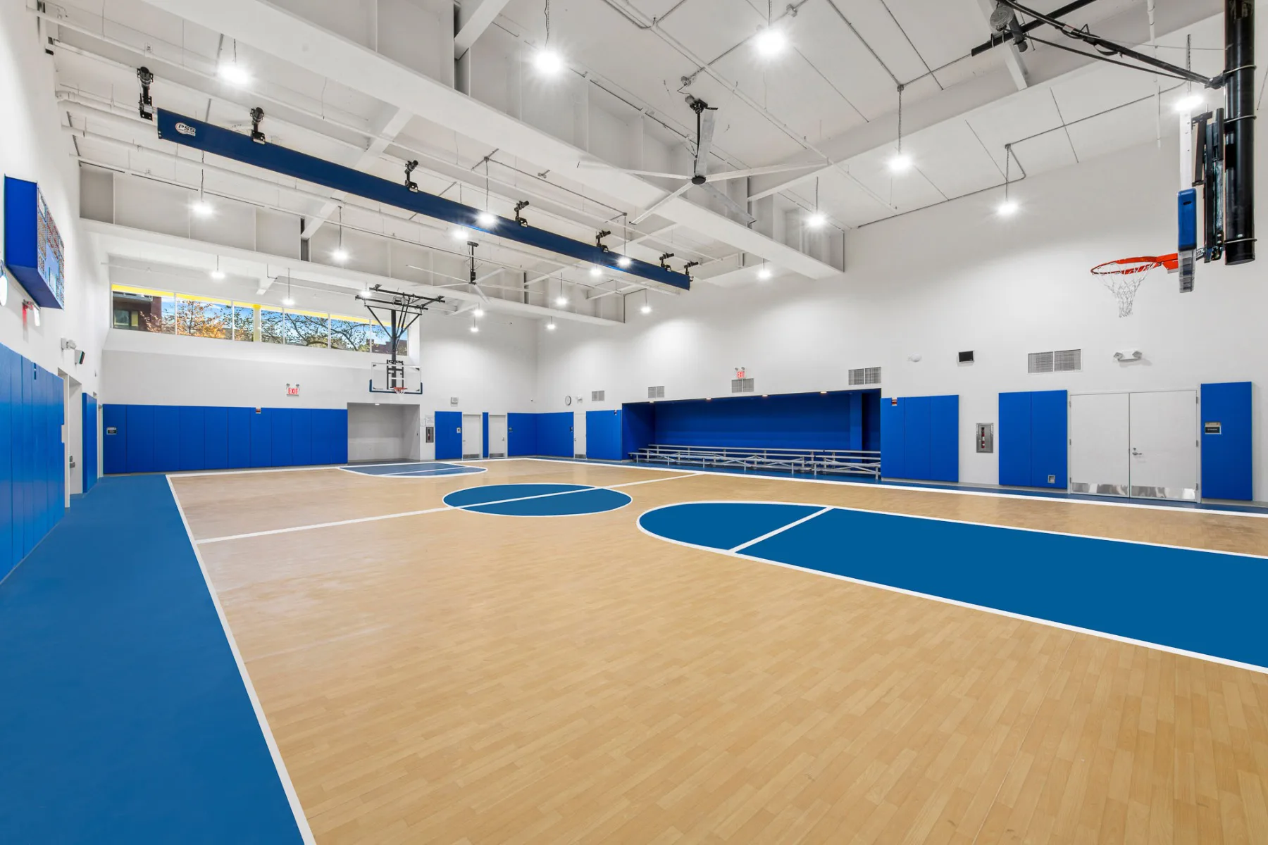 Die blaue Grundfarbe der Fassade wiederholt sich als Akzentfarbe in der Turnhalle.