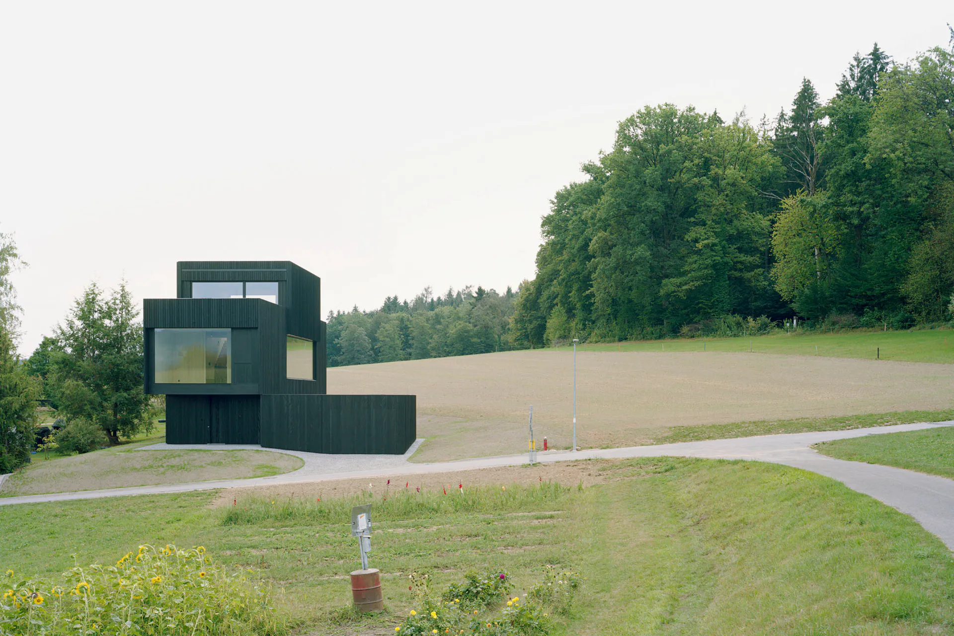 Das Einfamilienhaus aus Holz liegt zwischen Wald und Feldern am Stadtrand von Aarau.