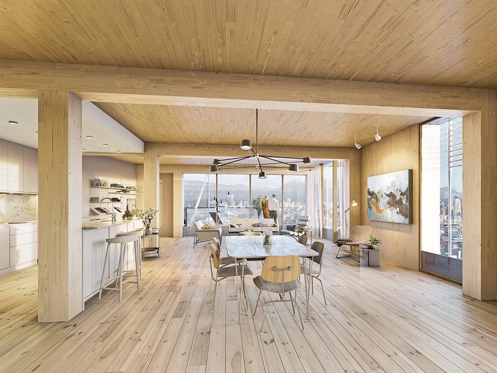 Das Rekordprojekt im Rendering: Mit 38 Geschossen soll der Canada’s Earth Tower einmal das höchste Holzgebäude der Welt werden. Auf der Südseite sind mehrgeschossige Loggien, an den Gebäudeecken auskragende Balkone geplant.