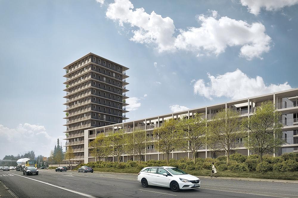 Das neue Hochhaus in Pforzheim wird 14 Geschosse haben. Die Bauelemente werden von Züblin Timber im Werk vorgefertigt und derzeit vor Ort verbaut.