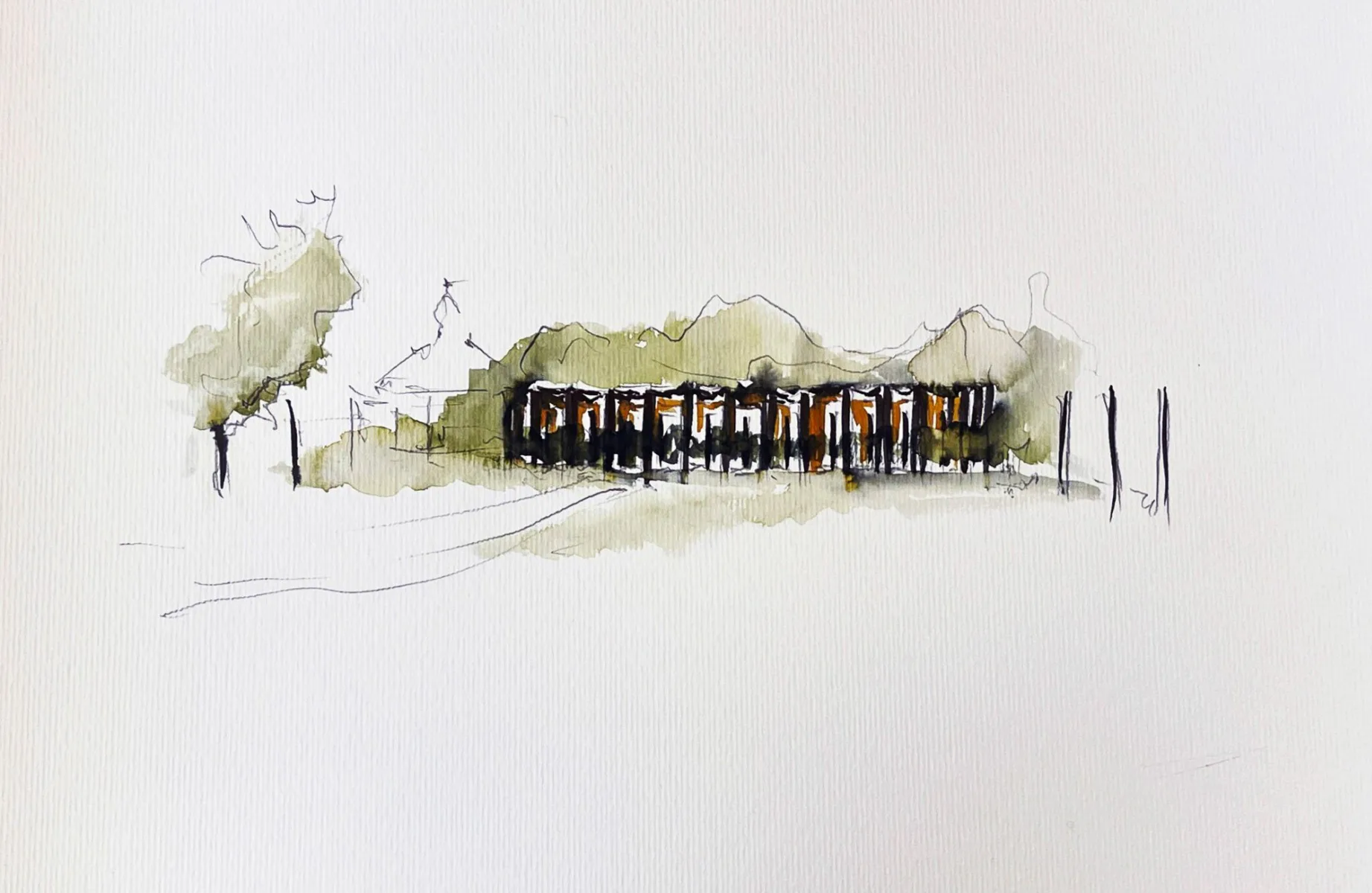 Serpentine Pavilion 2023 entworfen von Lina Ghotmeh, Skizze mit Tusche, Bleistift und Aquarellfarbe