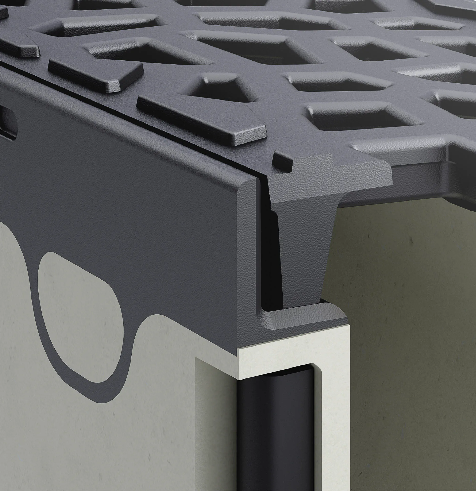 Aco Drain Multiline aus Nexite Spezialbeton mit Kantenschutz und Rost aus Gusseisen.