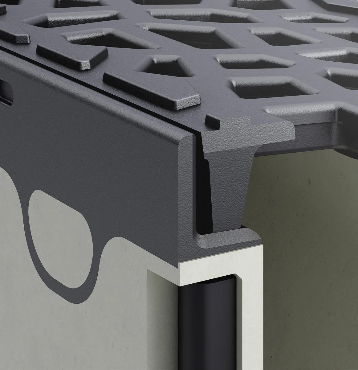 Aco Drain Multiline aus Nexite Spezialbeton mit Kantenschutz und Rost aus Gusseisen.