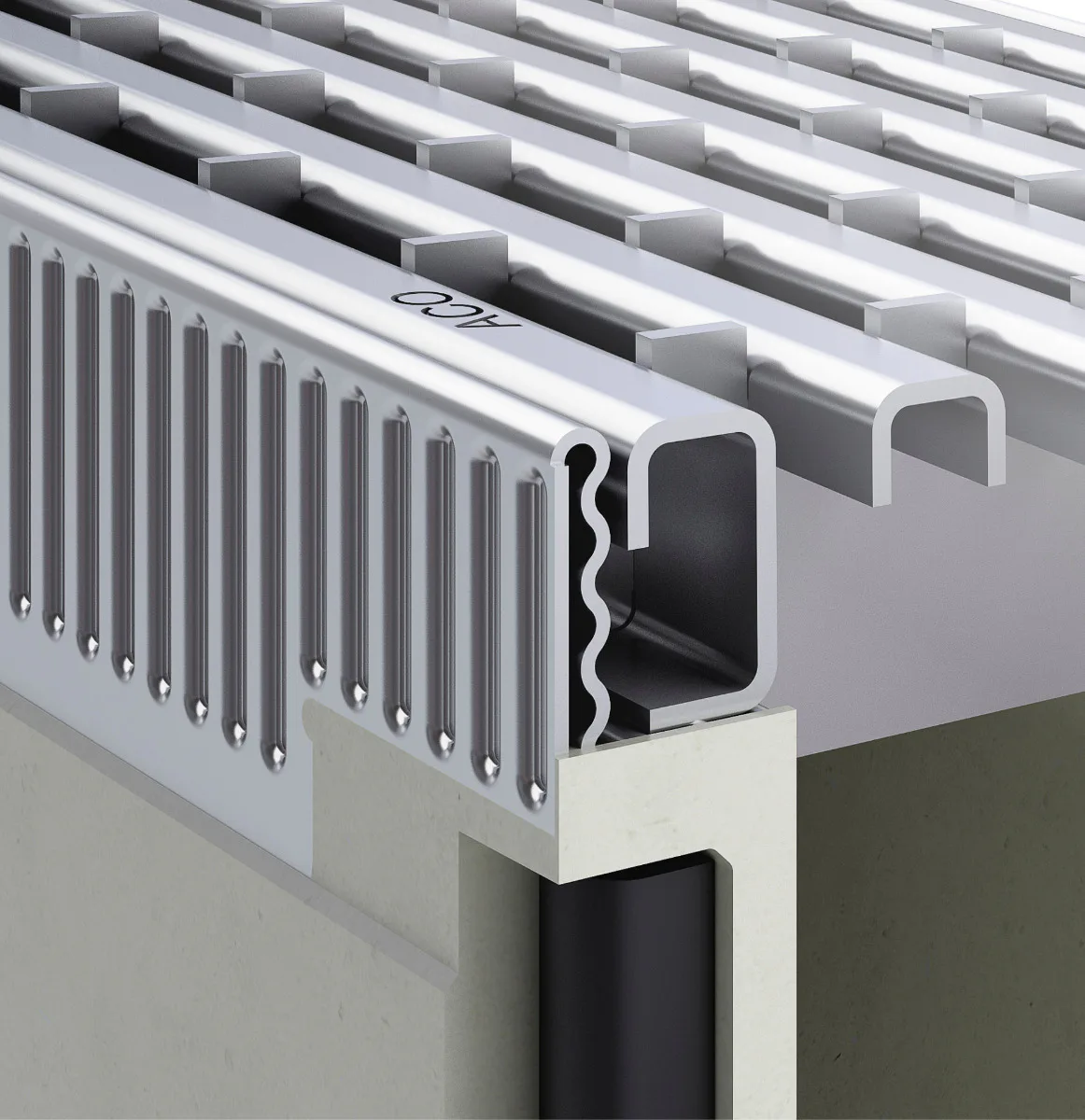 Aco Drain Multiline aus Nexite Spezialbeton mit verzinktem Kantenschutz und Längsprofilrost.