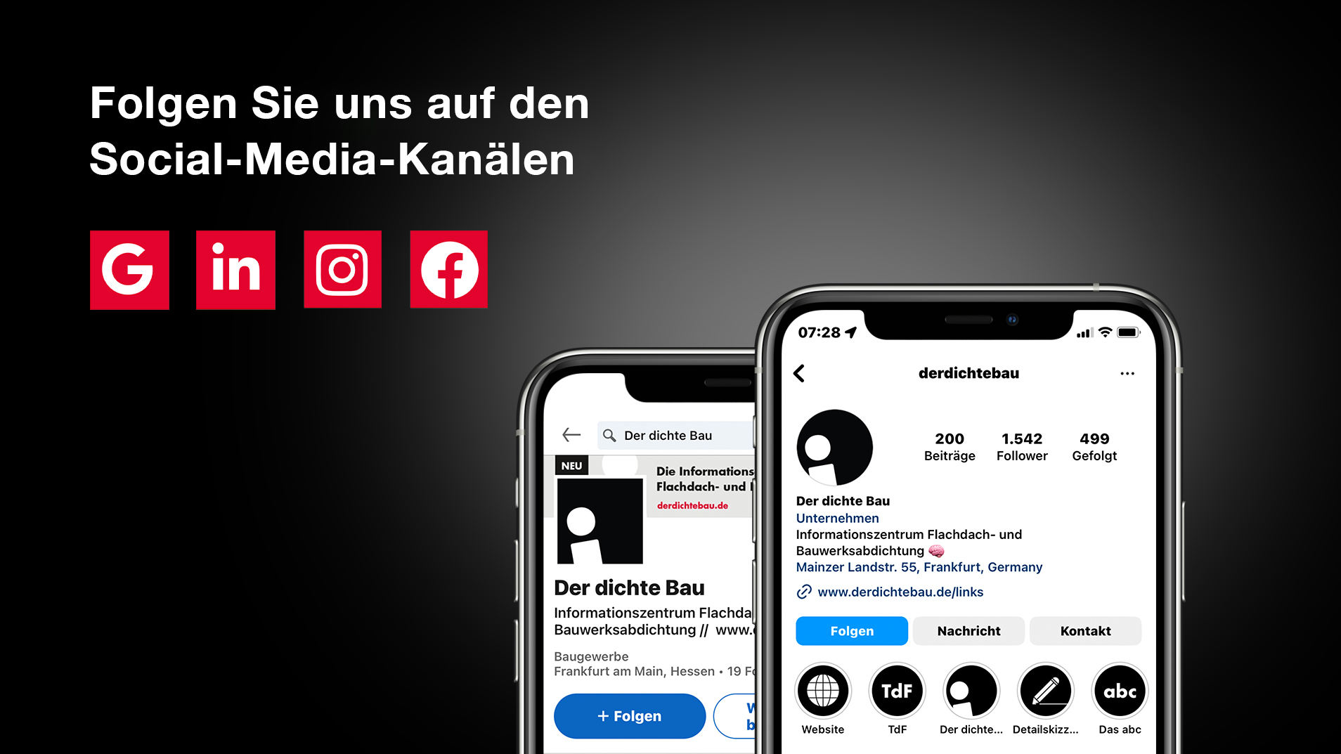 Bleiben Sie immer auf dem Laufenden und folgen Sie Der dichte Bau auf Facebook, Instagram und LinkedIn.
