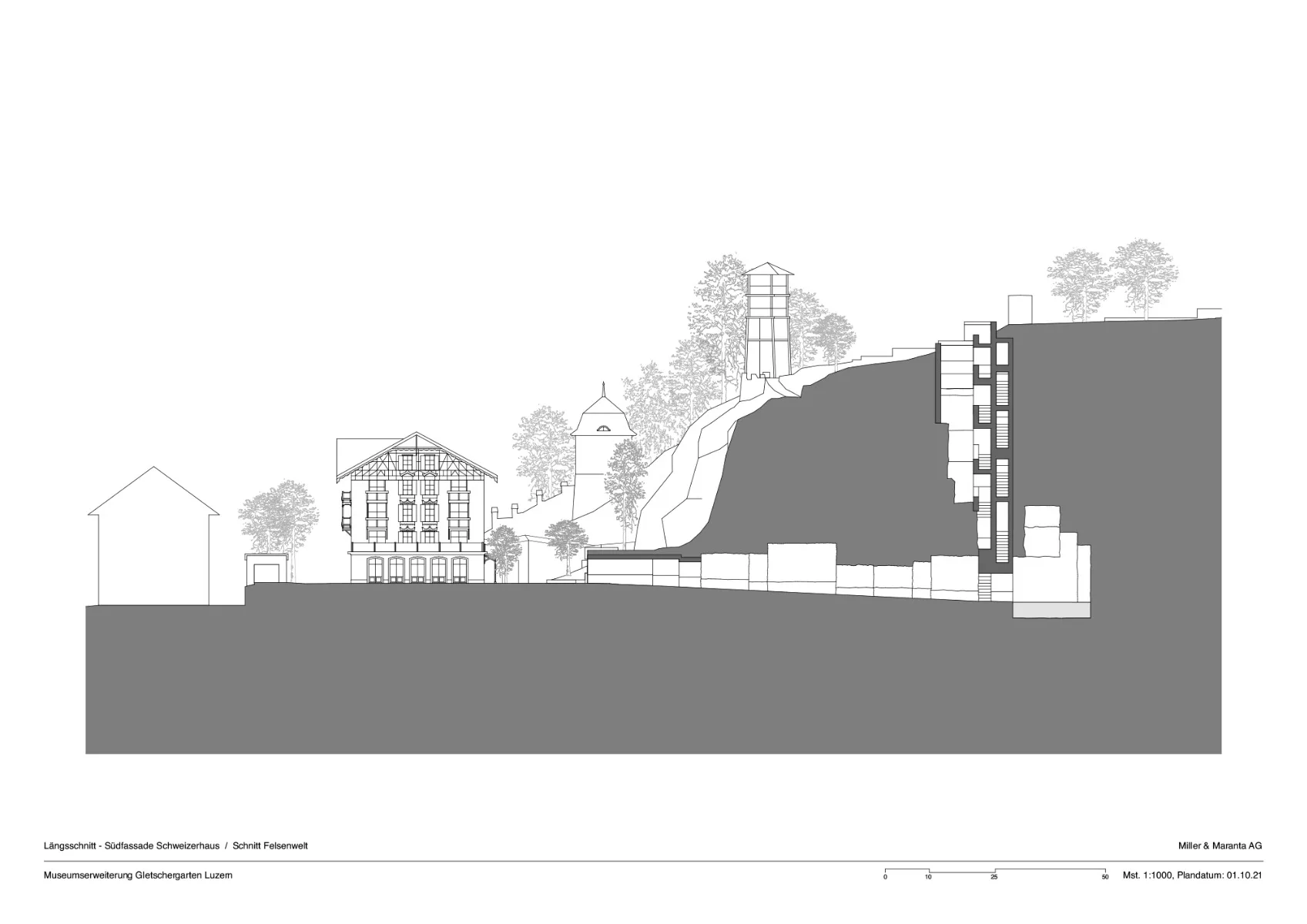 Längsschnitt Südfassade Schweizerhaus / Schnitt Felsenwelt, Grafik