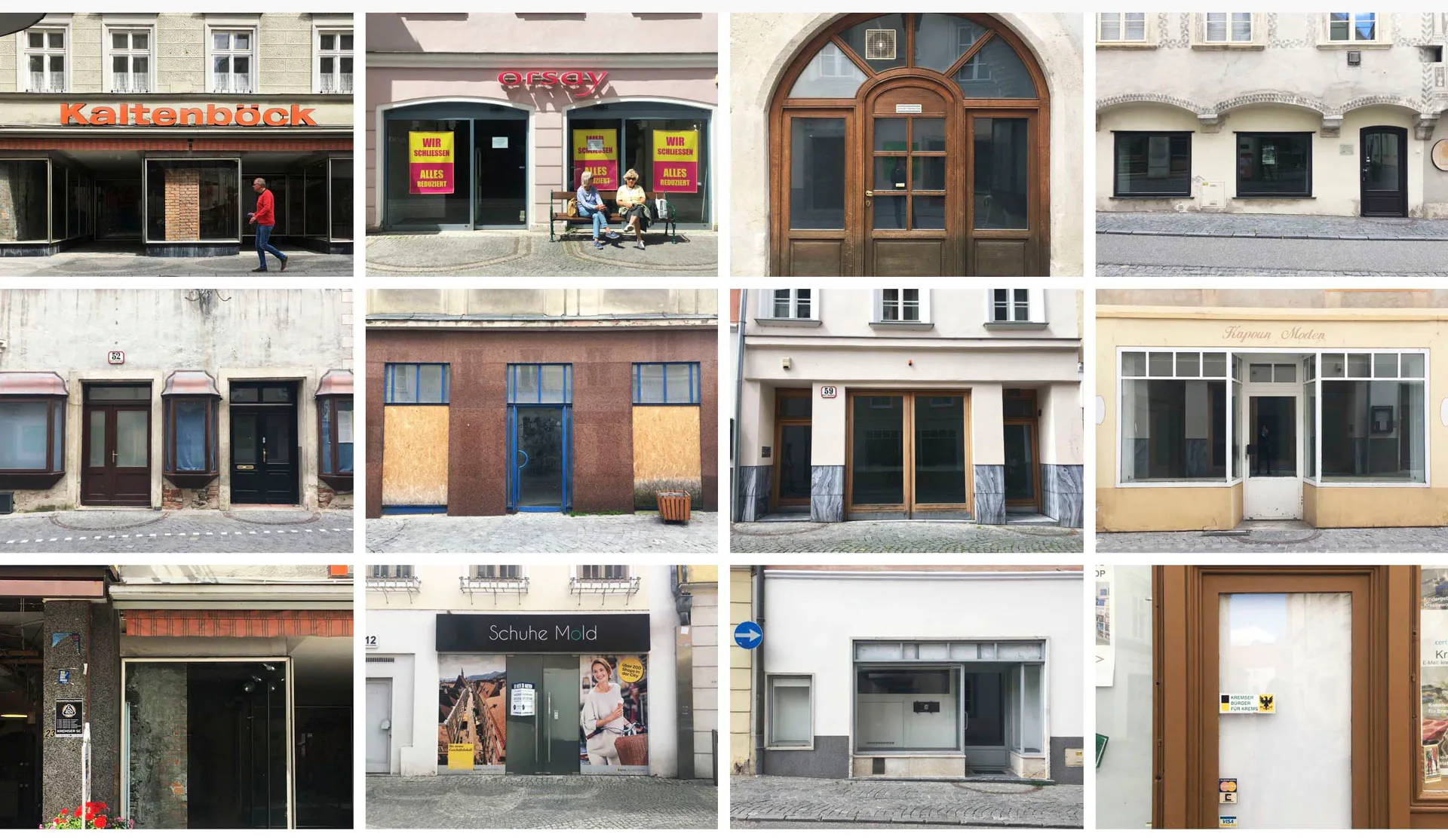 Collage aus leerstehenden Gewerben im Zentrum von Krems.