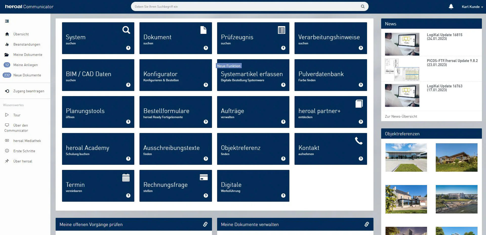 Über den Heroal Communicator können Planende auf Services und digitale Tools des Herstellers zugreifen.