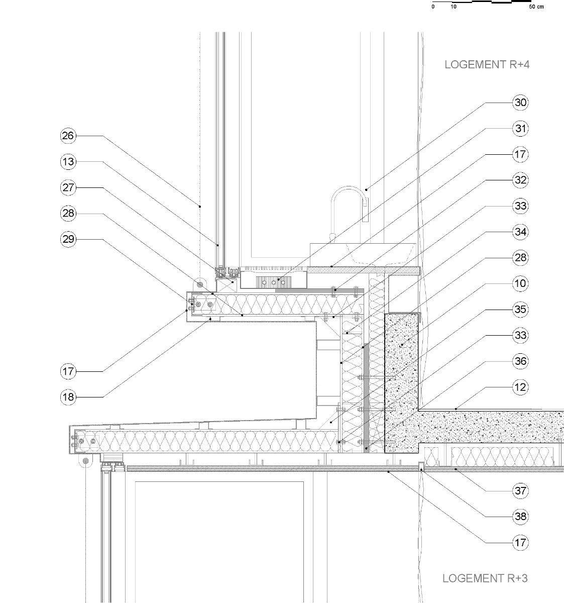 Detailschnitt Hoffassade 3. & 4. OG, Grafik