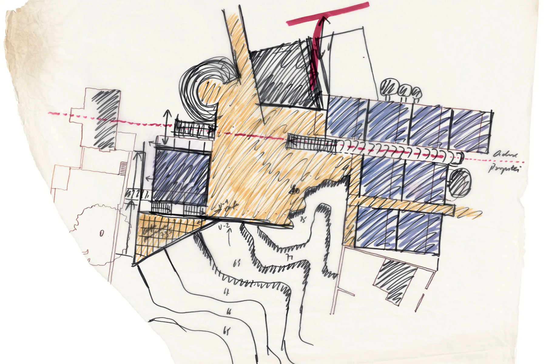 Aus dem Archiv Hans Hollein: Skizze des Museums Abteilberg, Mönchengladbach, 1972-1982