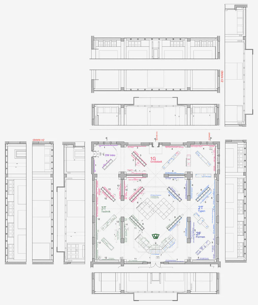 Claudia Cavallar: Grundrisse und Schnitte, erstellt im Rahmen der Ausstellung „Post Otto Wagner: Von der Postsparkasse zur Postmoderne“, 2018