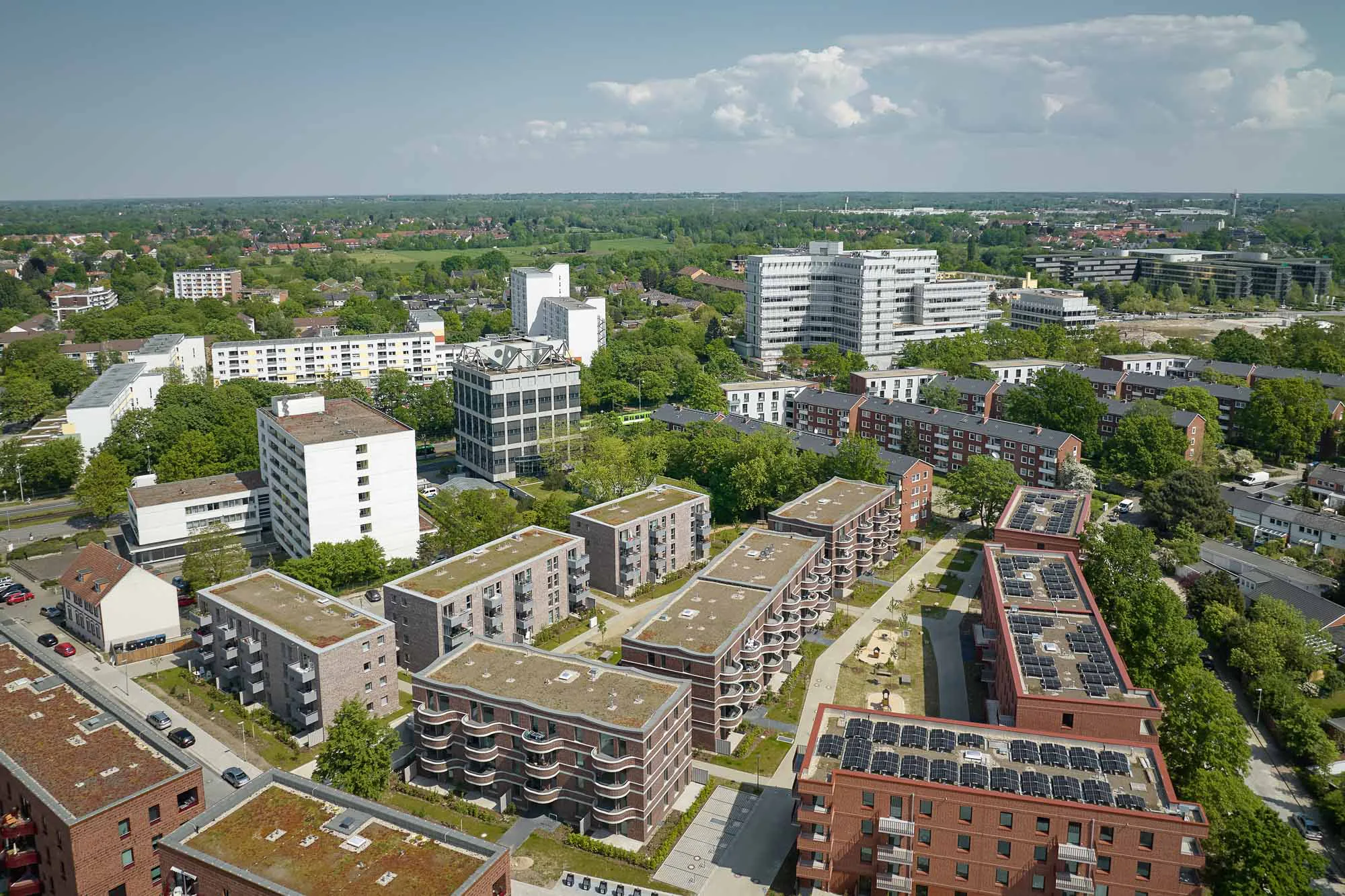 Die Flachdächer der Häuser sind extensiv begrünt.