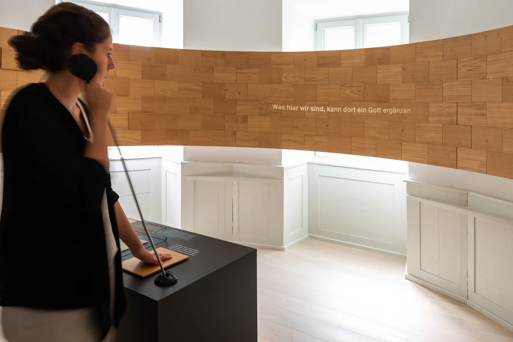 Auf eine mit Holzschindeln verkleidete Wand ist Zeile für Zeile des Gedichts „Die Linien des Lebens“ projiziert. Museumsgäste können zeitgleich durch Auflegen ihrer Hand auf einer separaten Schindel das Versmaß erspüren.