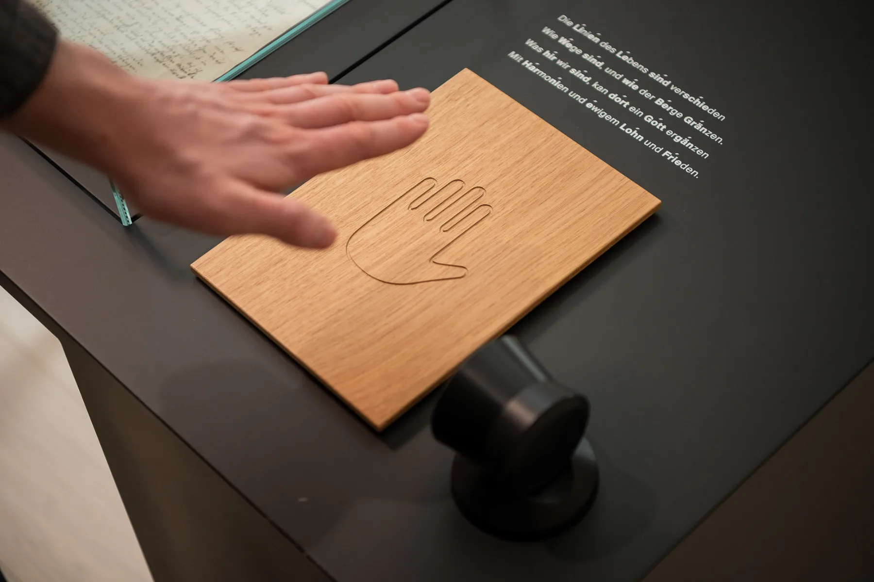 Museumsgäste können durch das Auflegen ihrer Hand auf eine Schindel das Versmaß eines Gedichts von Hölderlin erspüren.