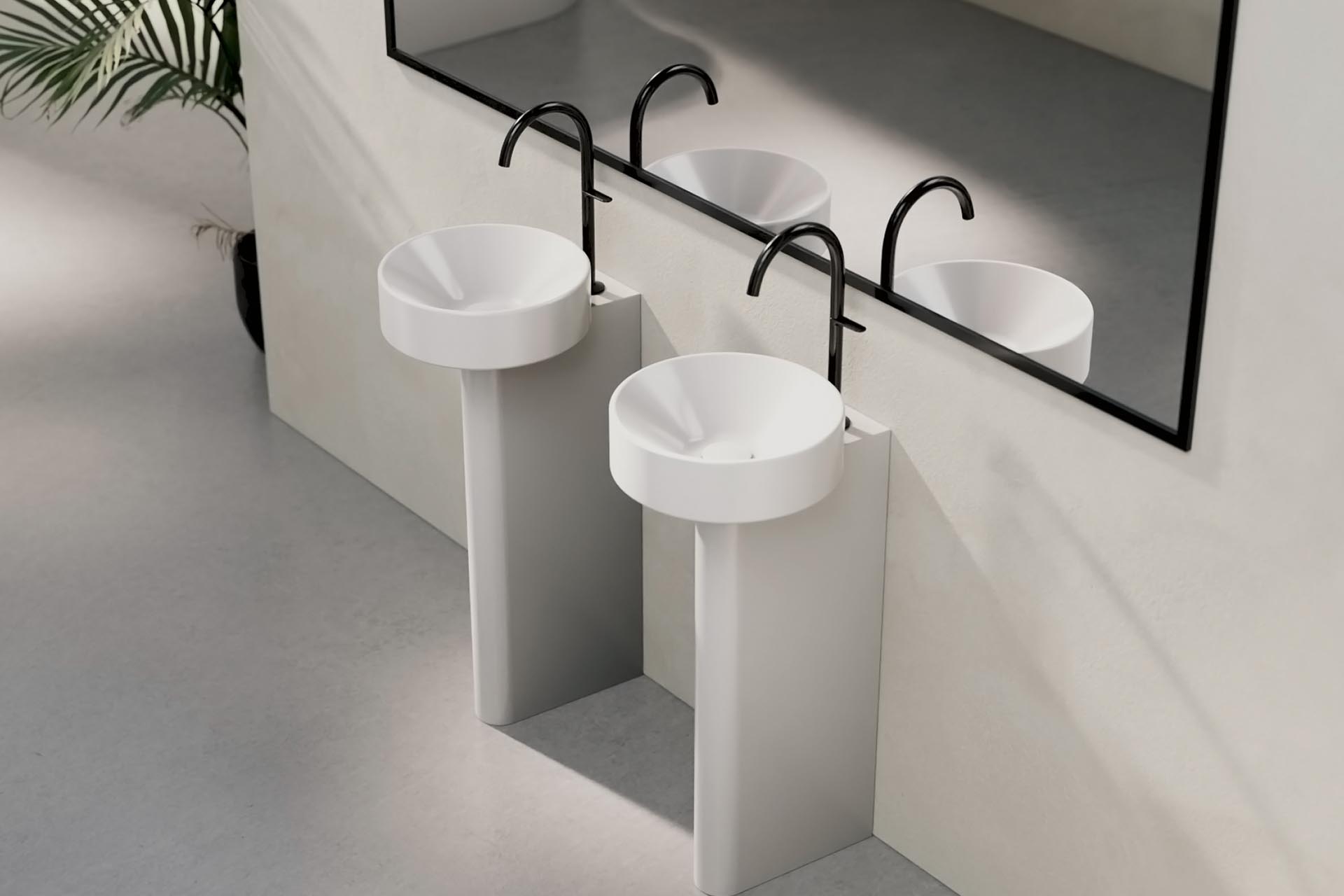 Der bodenstehende Waschtisch aus der Kollektion BetteSuno wurde von Barber Osgerby entworfen und wirkt wie eine minimalistische Skulptur im Bad.