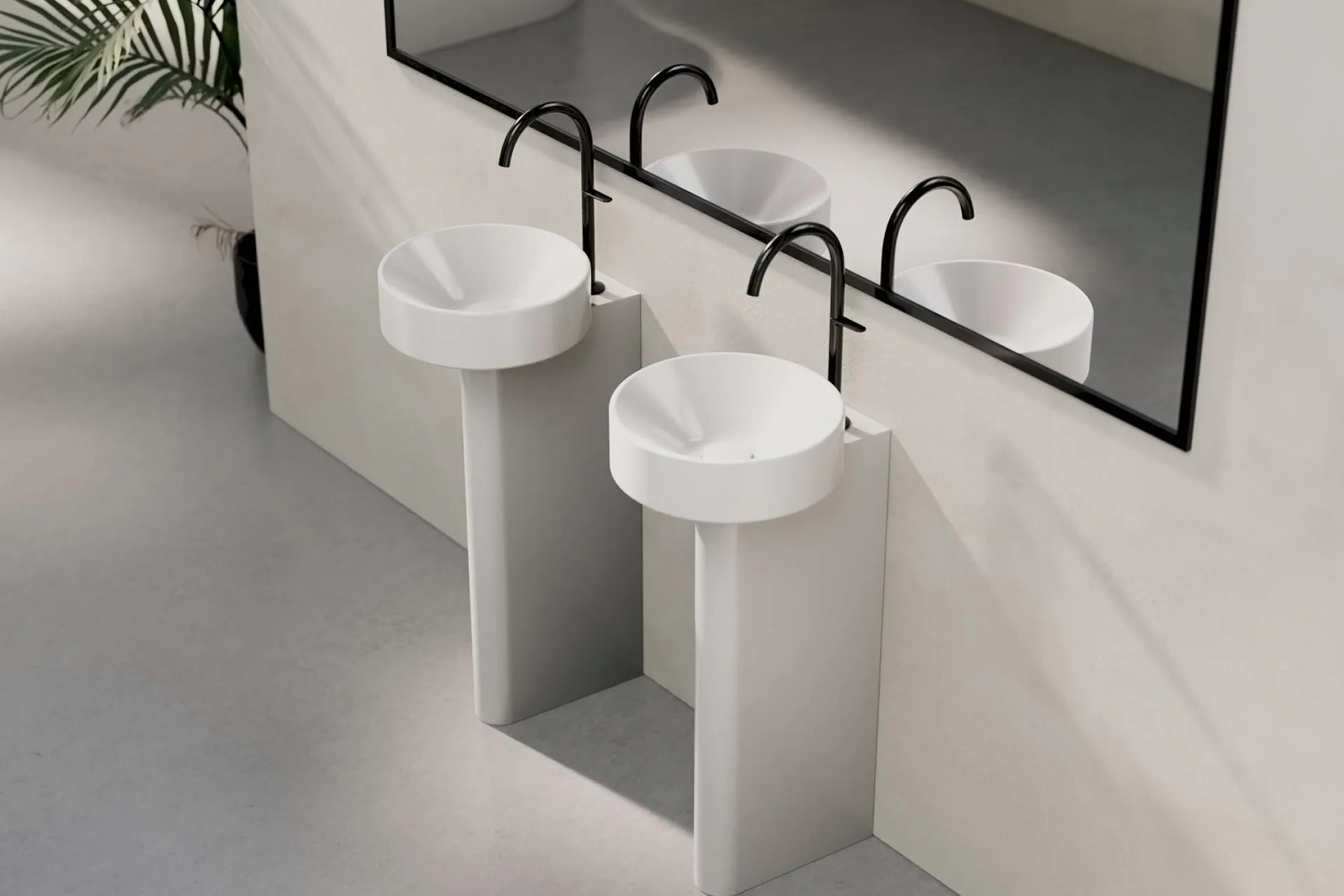 Der bodenstehende Waschtisch aus der Kollektion BetteSuno wurde von Barber Osgerby entworfen und wirkt wie eine minimalistische Skulptur im Bad.