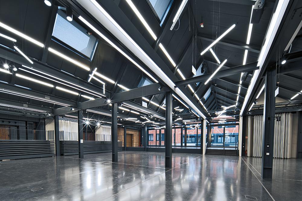 In der Sheddachhalle finden zwei Hörsäle und Seminarräume Platz. Für Veranstaltungen kann sie in einen großen Saal für 1000 Personen verwandelt werden.