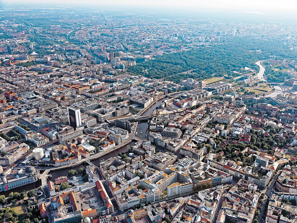 Das Quartier Am Tacheles füllt die letzte große im 2. Weltkrieg geschlagene Lücke in Berlin Mitte. Die Neubauten nach einem Masterplan von Herzog & de Meuron sollen bis Ende 2024 vollständig bezogen sein.