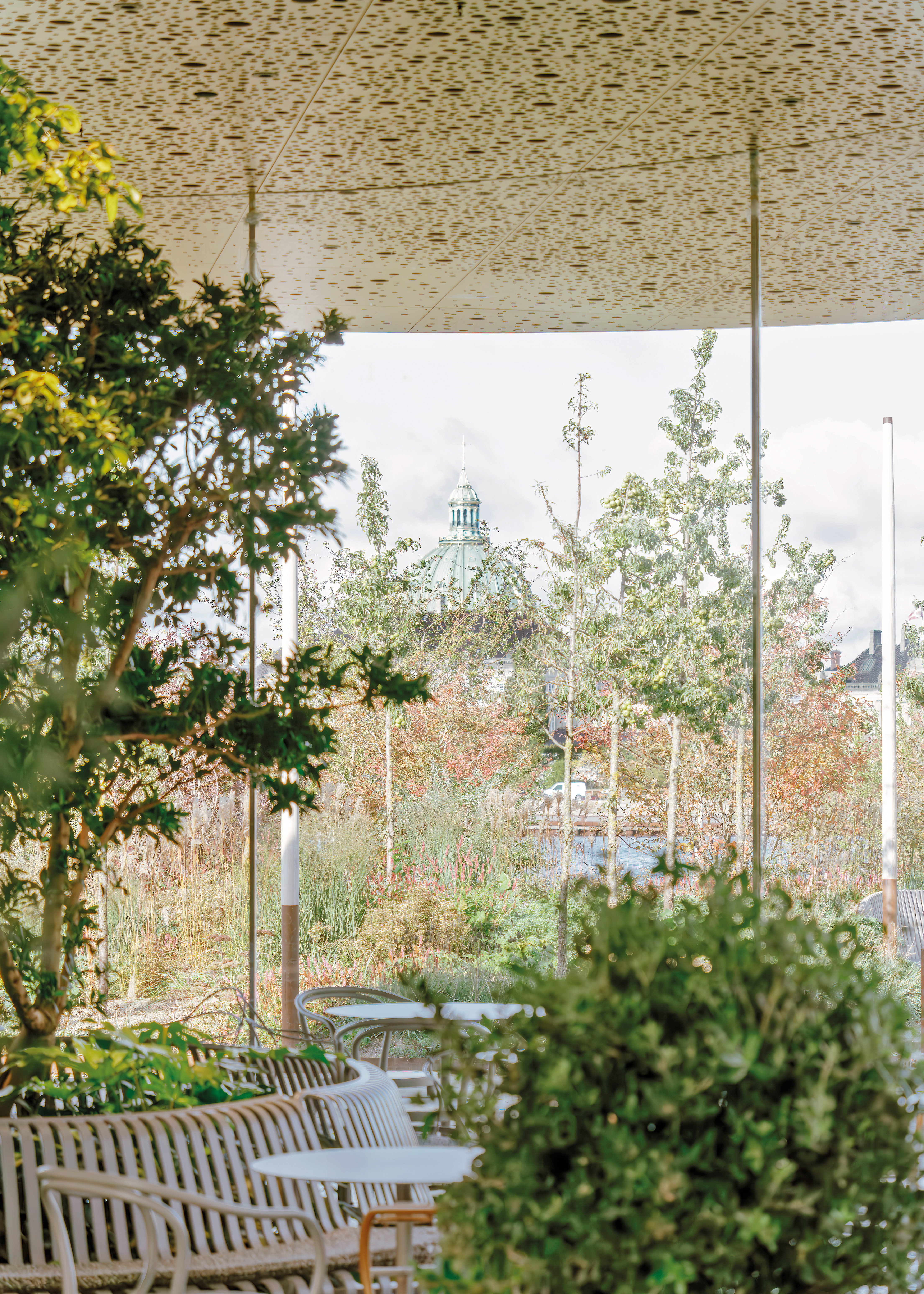 Durch die rahmenlose, geschwungene Verglasung geht der subtropische Garten im Gewächshaus optisch nahtlos in die Parklandschaft über.