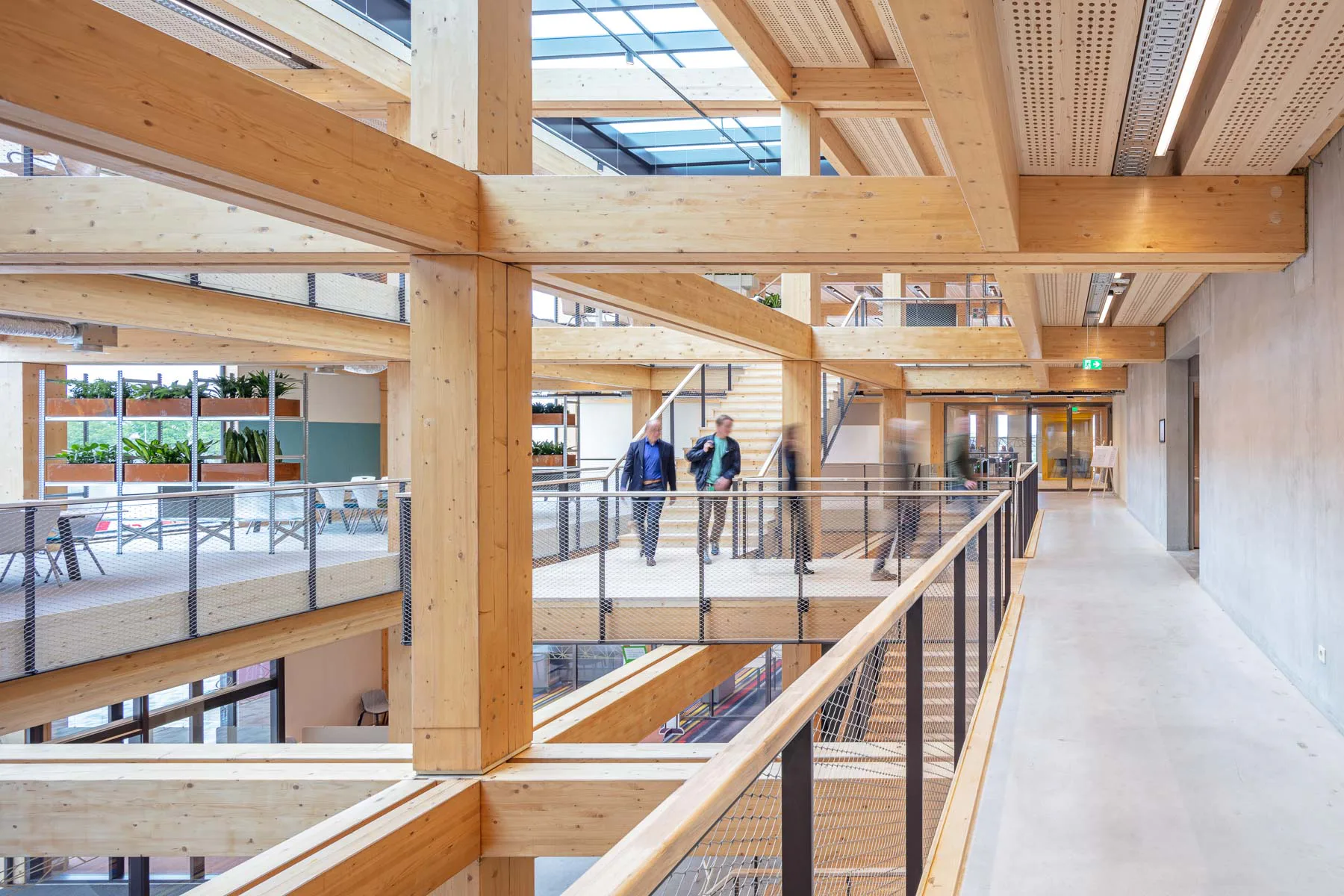 Die Flächenelemente lagern mit Abständen auf den Holzträgern auf, sodass Zwischenräume für technische Installationen bleiben.