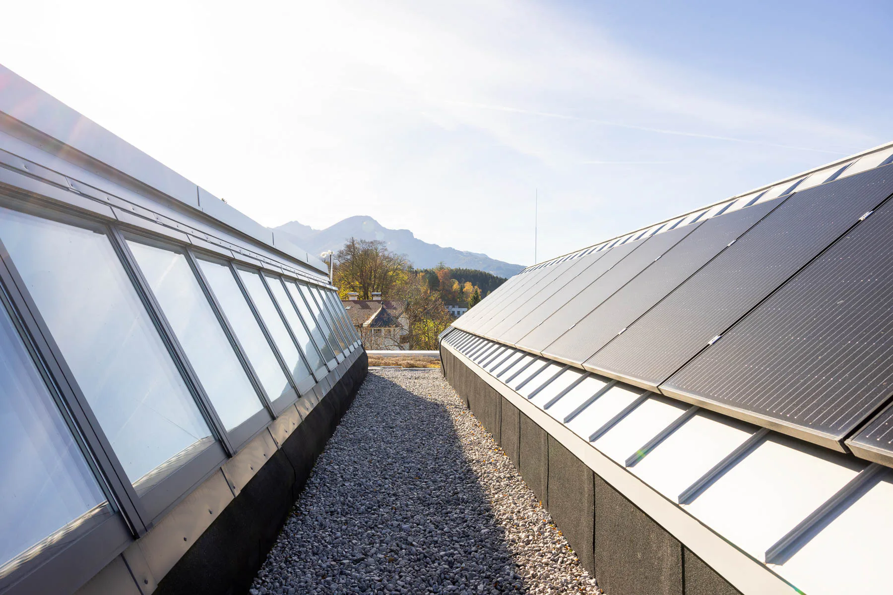 In den sheddachähnlichen Aufbauten auf dem Dach des Bildungszentrums Lans sorgen Velux Modular Skylights für Tageslicht in den Atrien.