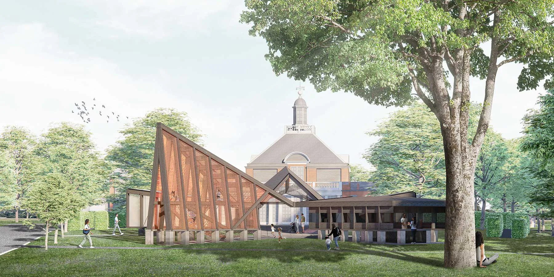 Serpentine Pavilion 2024, entworfen von Minsuk Cho, Mass Studies. Entwurfsputz, Außenansicht. Rendering