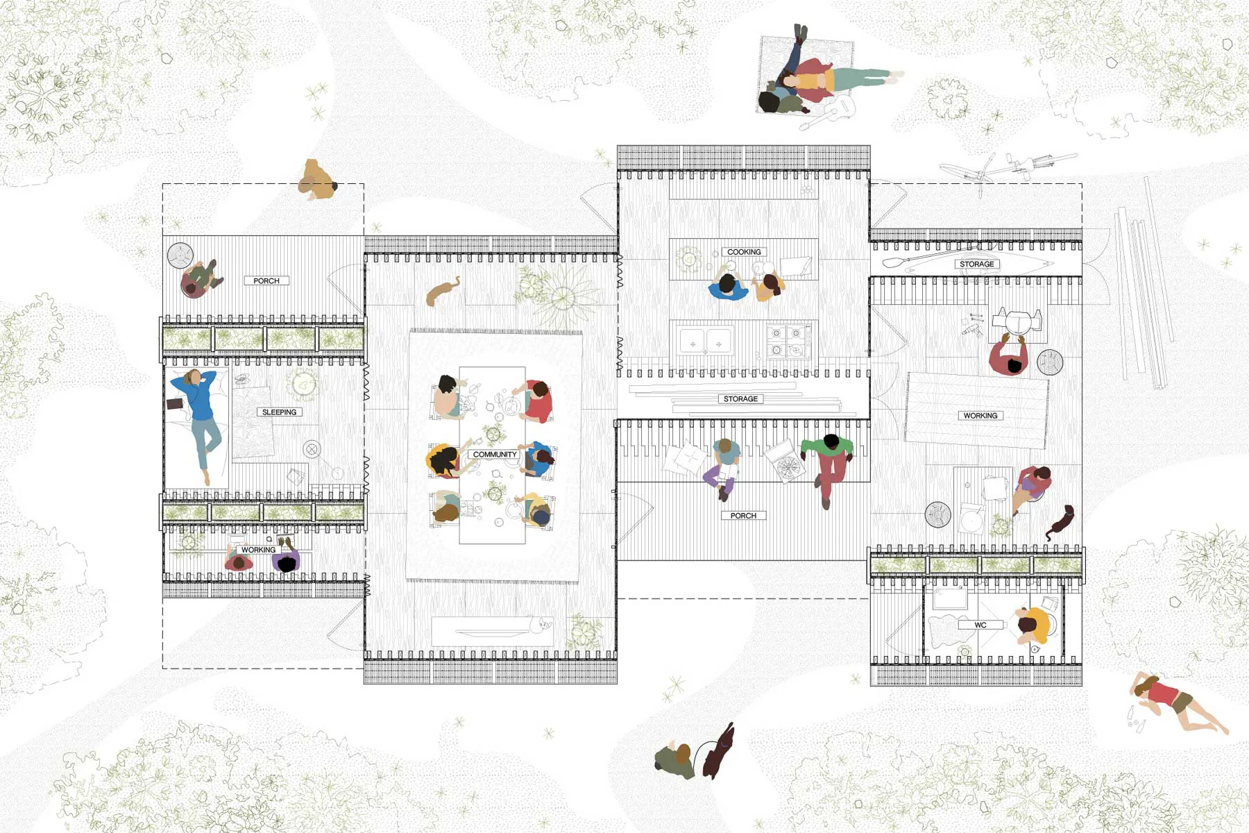 Der Prototyp sieht vier Einheiten vor: Arbeitsraum, Küche, Wohn- und Schlafzimmer. Grafik