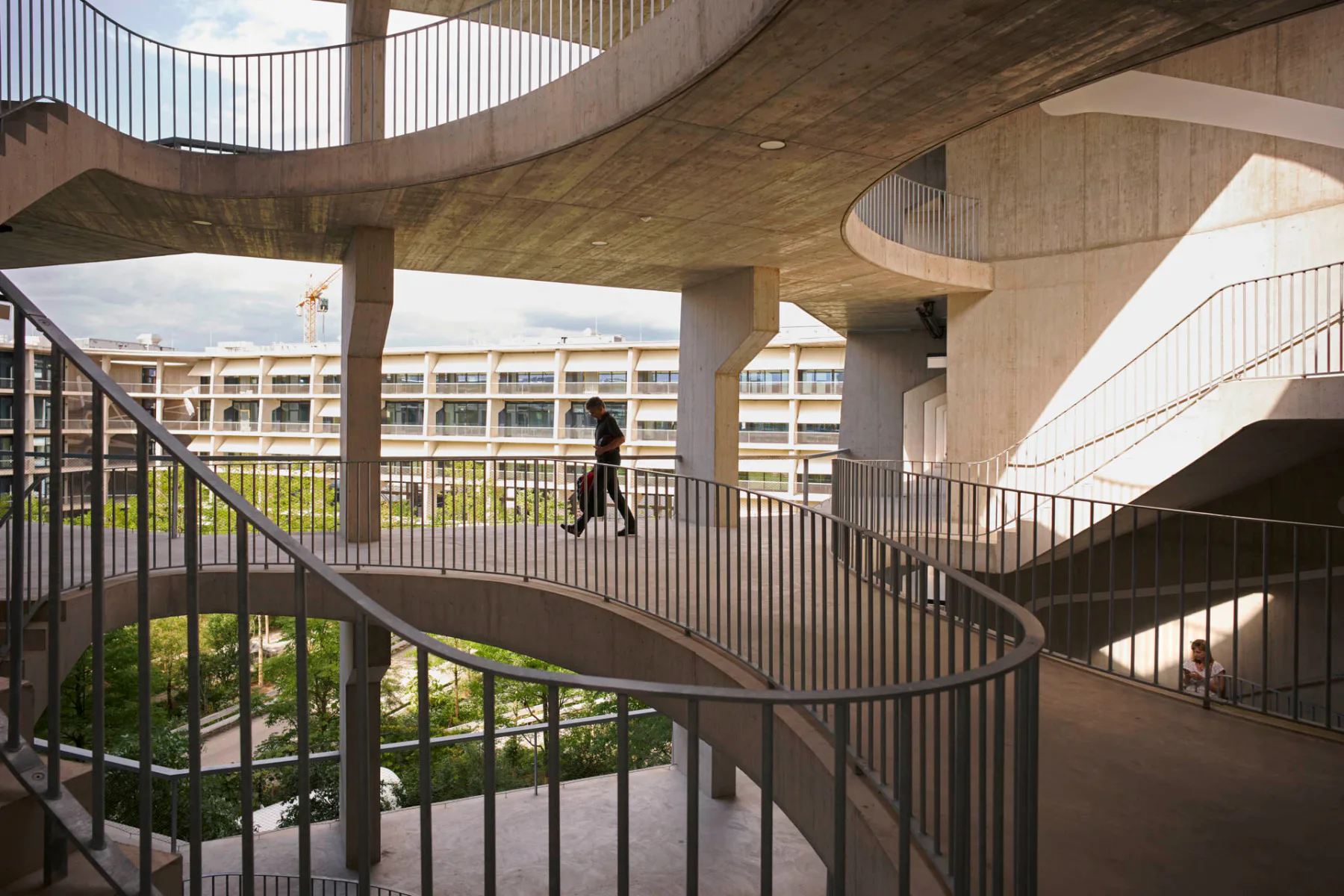 The four exterior spiral stairways of the SIP Main Campus serve not only as access, but also as social meeting places.
