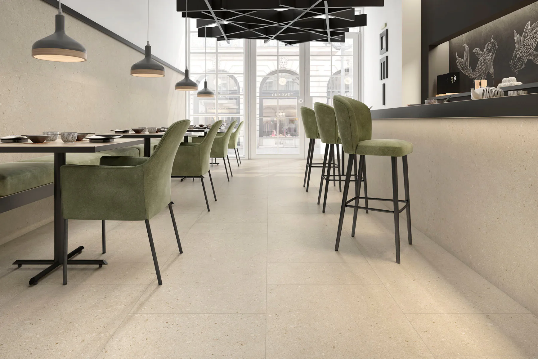 Natürliche Optiken und Großformate für Wand und Boden, wie die Kollektion Balance in den Größen 60x120 und 30x60 mit Dicken bis zu 9 mm für viel begangene Bereiche von Roca.