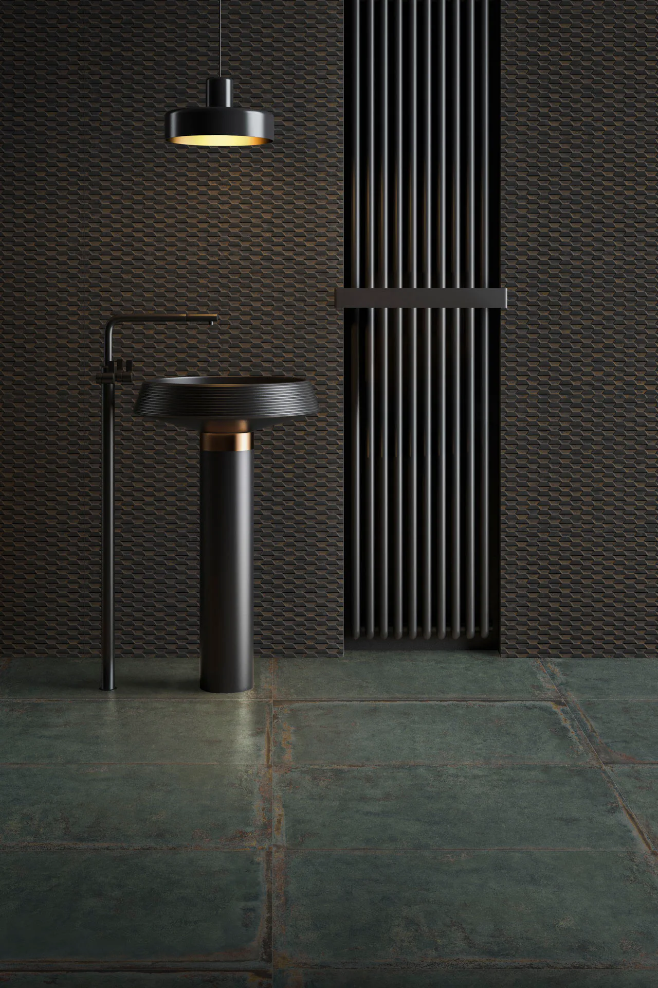 Aparici´s Fliesenkollektion Steel erinnert an gealterten, gewalzten Stahl und verbindet industrielle Ästhetik mit zeitgenössischer Eleganz.