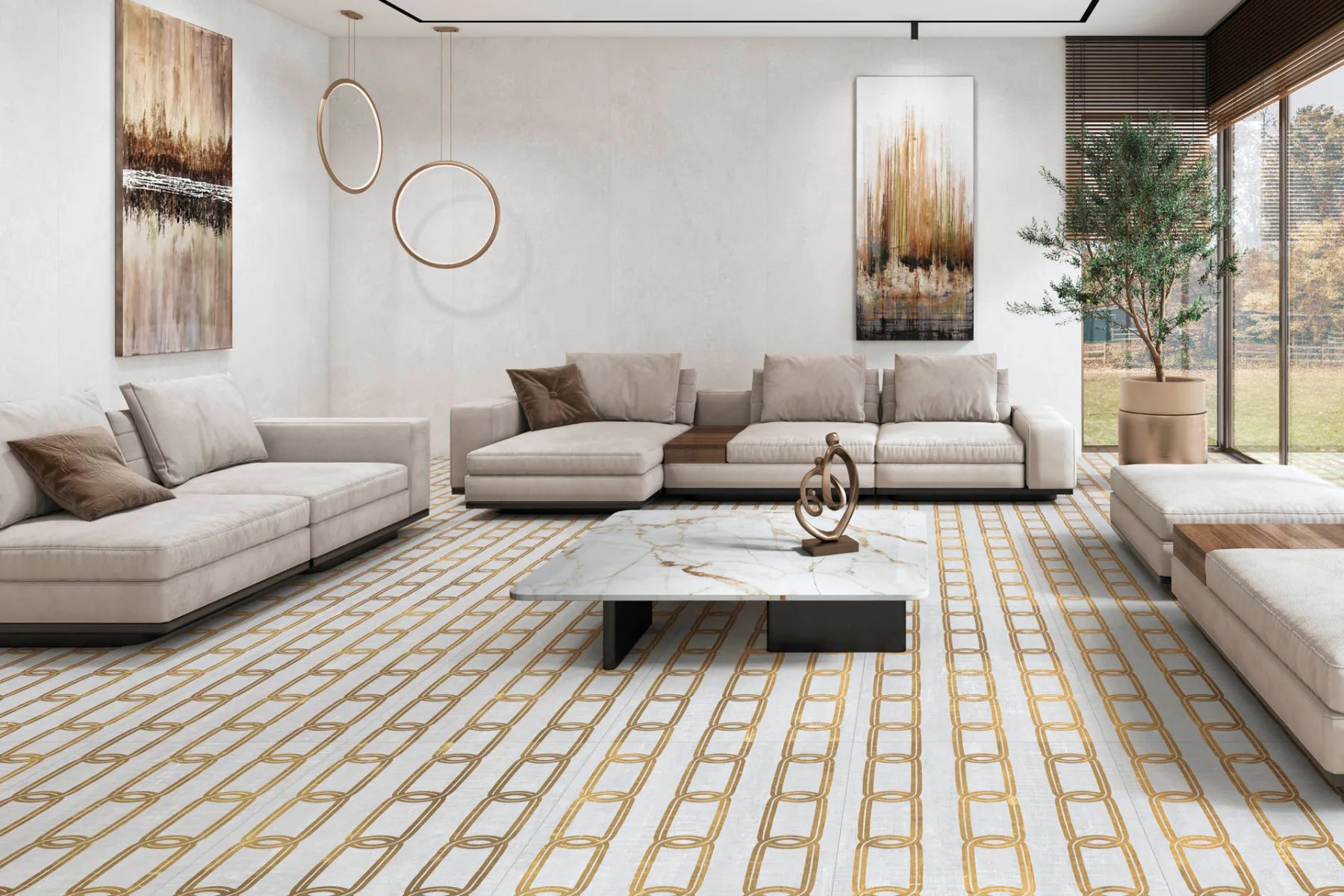 Die Apavisa Kollektion Reggia bevorzugt Farbtöne wie Gold, Beige, Grün oder Weiß und Vintage-Texturen, die erste Zeichen der Abnutzung und Elemente des Verfalls einfangen.