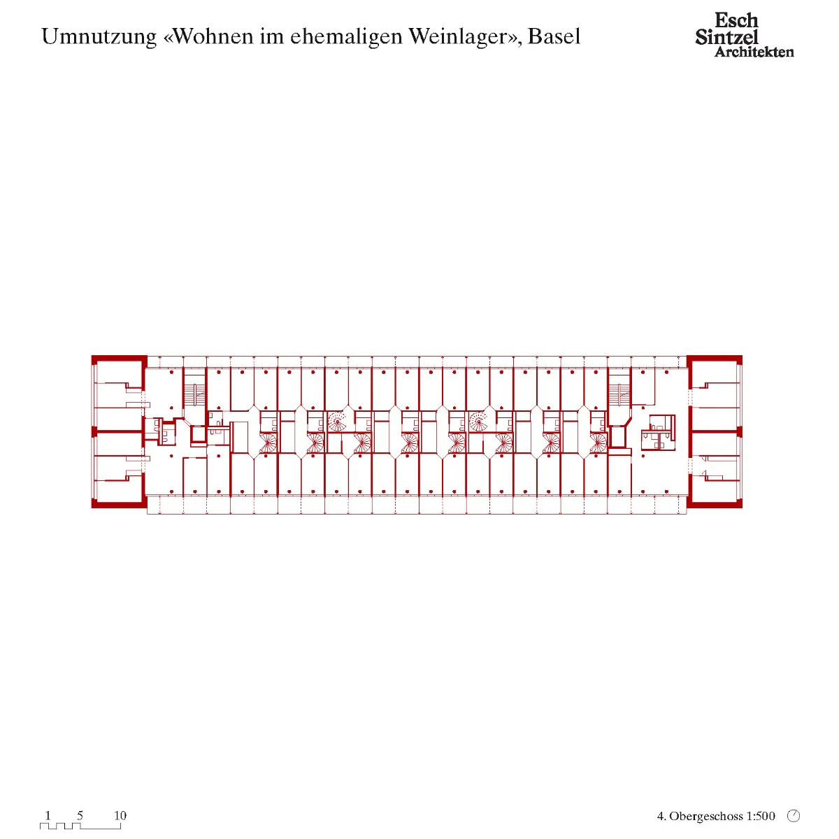 Die Maisonettewohnungen im 4. Obergeschoss zeigen deutlich das 3-m-Raster, auf dem das Gebäude basiert. Grundrisskonfiguration und Erschließungsstruktur sind in jedem Geschoss anders. Grafik