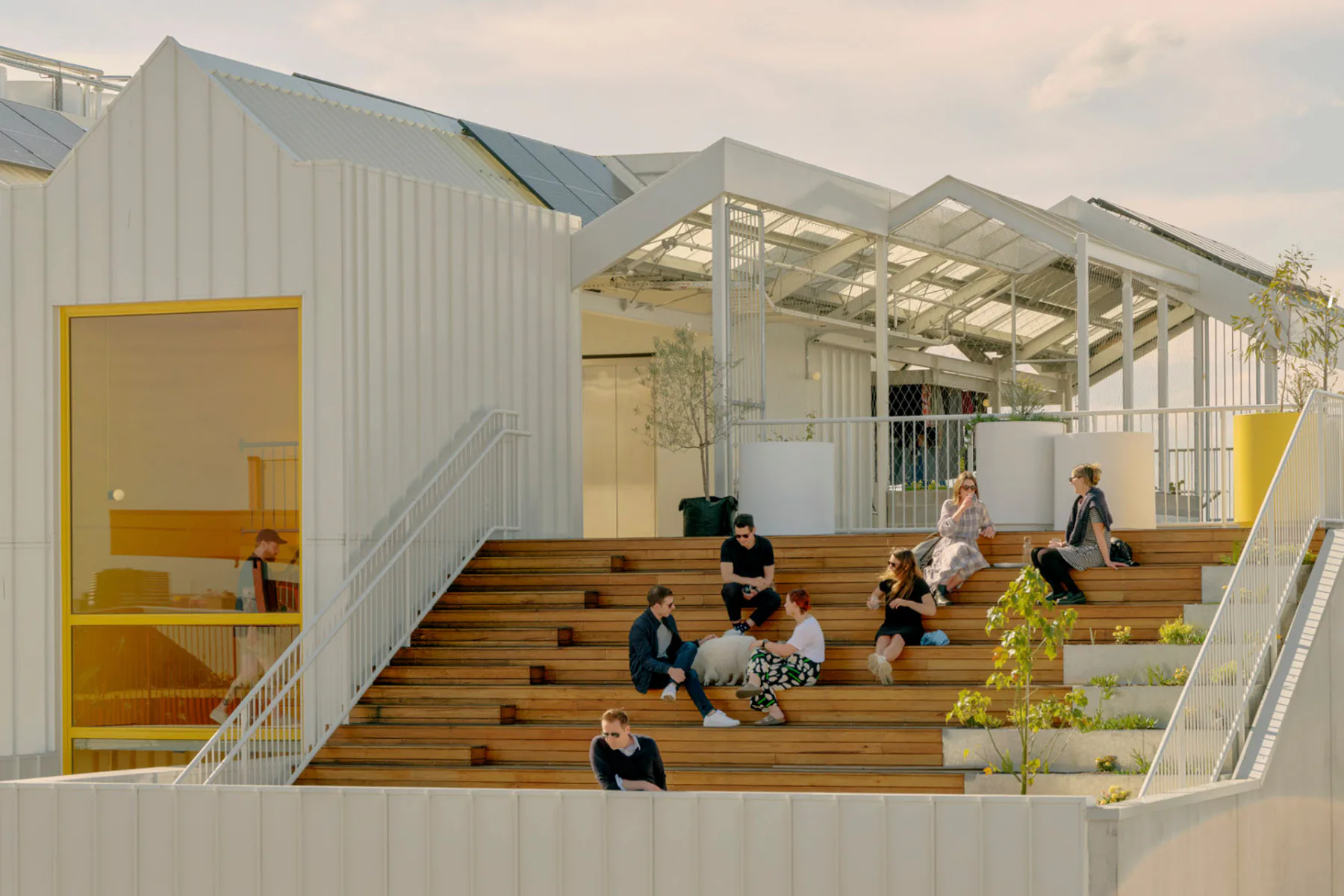 Das Dach bietet wind- und sonnengeschützte Gemeinschaftsflächen mit Wäscheraum und einer breiten Treppe mit Sitzstufen aus Holz.
