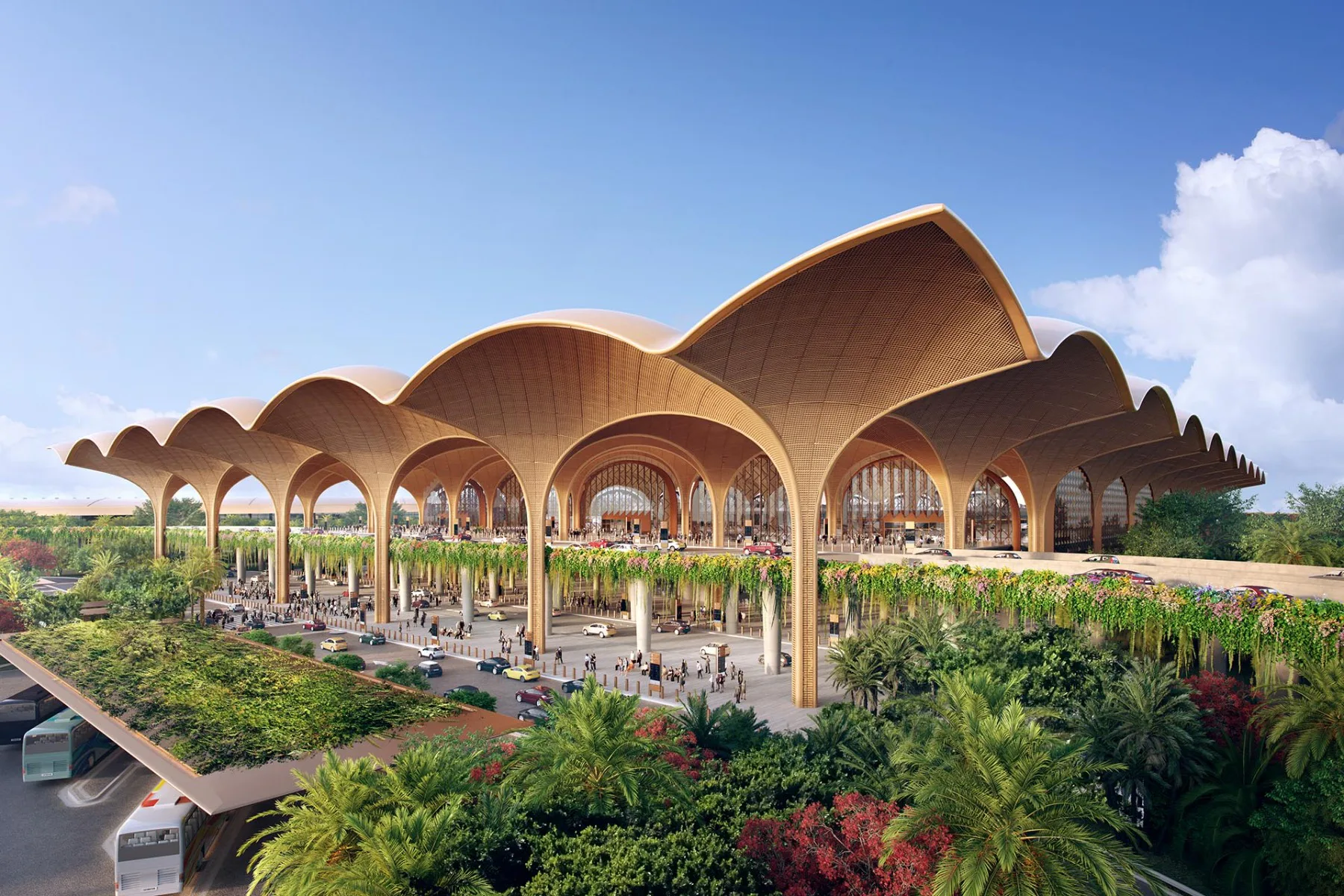 Der Techo Airport von Foster + Partners entsteht rund 20 km südlich von Phnom Penh. Bis 2025 soll das Hauptgebäude mit seiner markanten Schalenstruktur fertiggestellt sein. Visualisierung